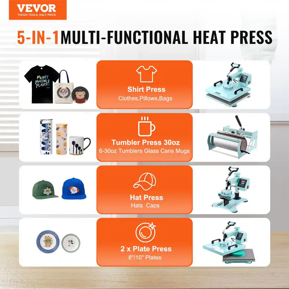 Heat Press Machine, 15 X 15 In. 5 in 1 Heat Transfer Machine with 30 Oz. Tumbler