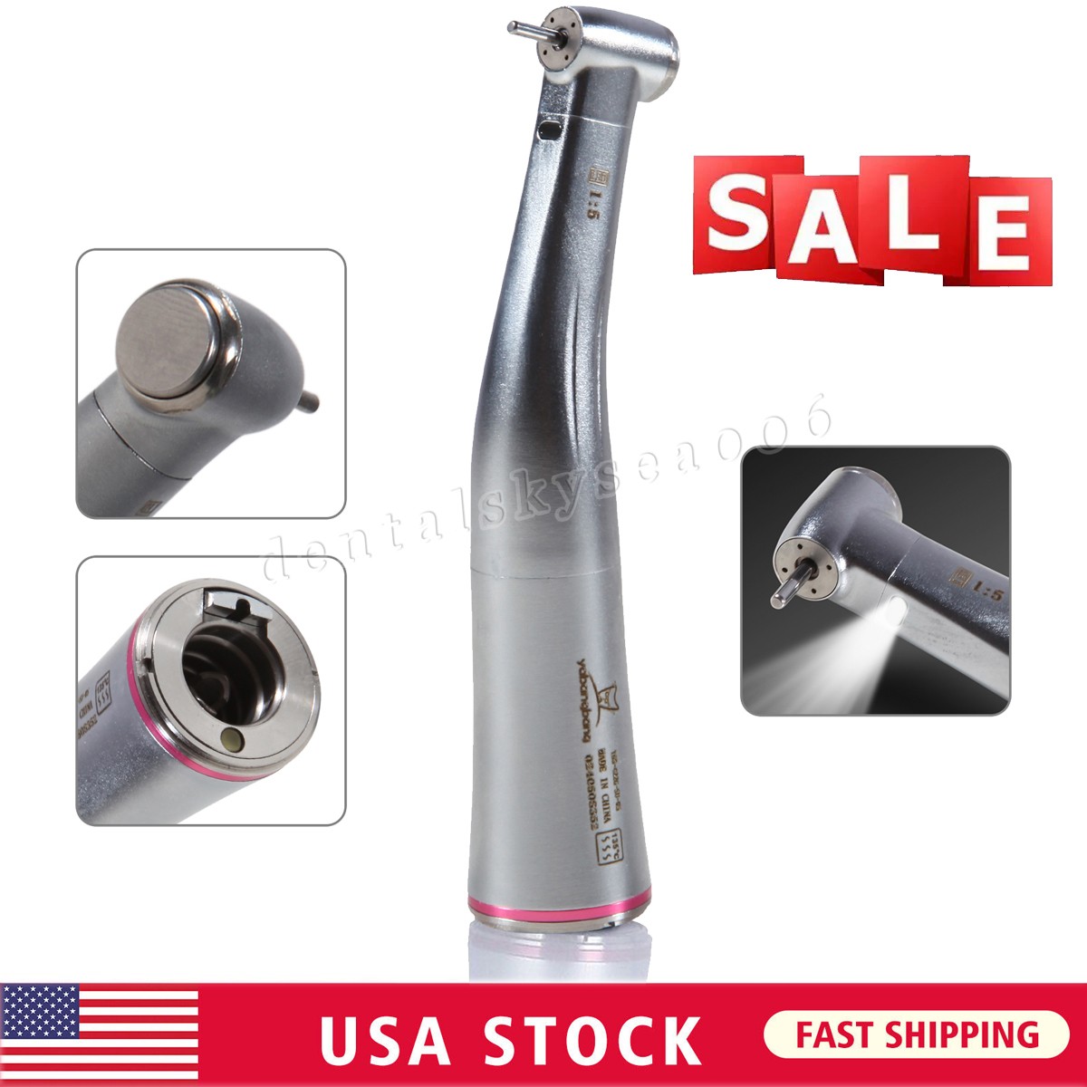 Dental Attachment Handpiece 1:5 Friction Grip Fiber Optic LED Contra Angle Red