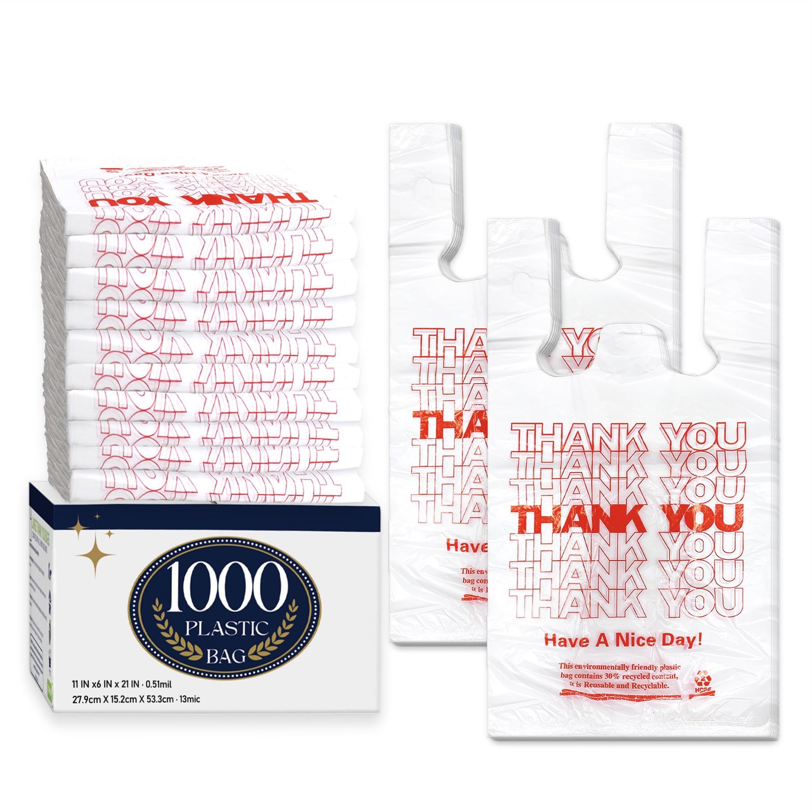 1000 Pack White Thank You T-Shirt Bags with Handles, 11″x6″x21″ Plastic Shopp…