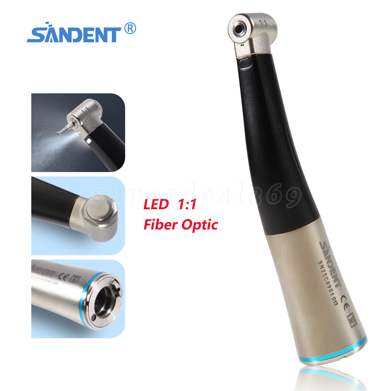 SANDENT Dental 1:1 Fiber Optic Contra Angle Low Speed Handpiece Inner Channel CE