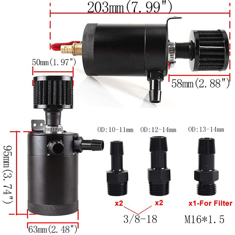 2-Port Oil Catch Can Kit Reservoir Petrol Diesel Turbo Baffled Universal Black