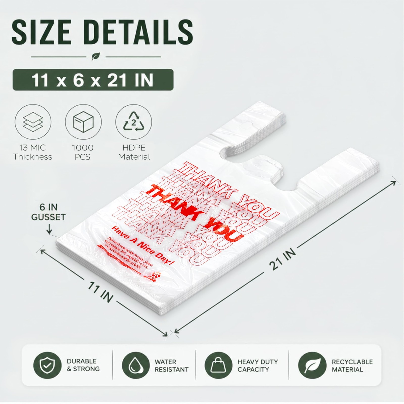 1000 Pack White Thank You T-Shirt Bags with Handles, 11″x6″x21″ Plastic Shopp…