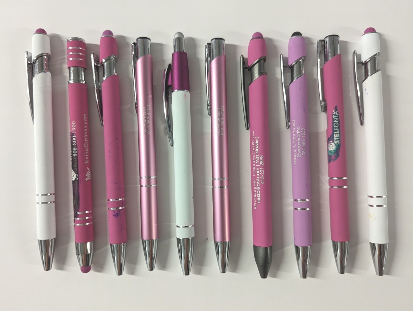 10ct Mixed Lot Misprint Metal Retractable Click Pens: PINK & White Assortment