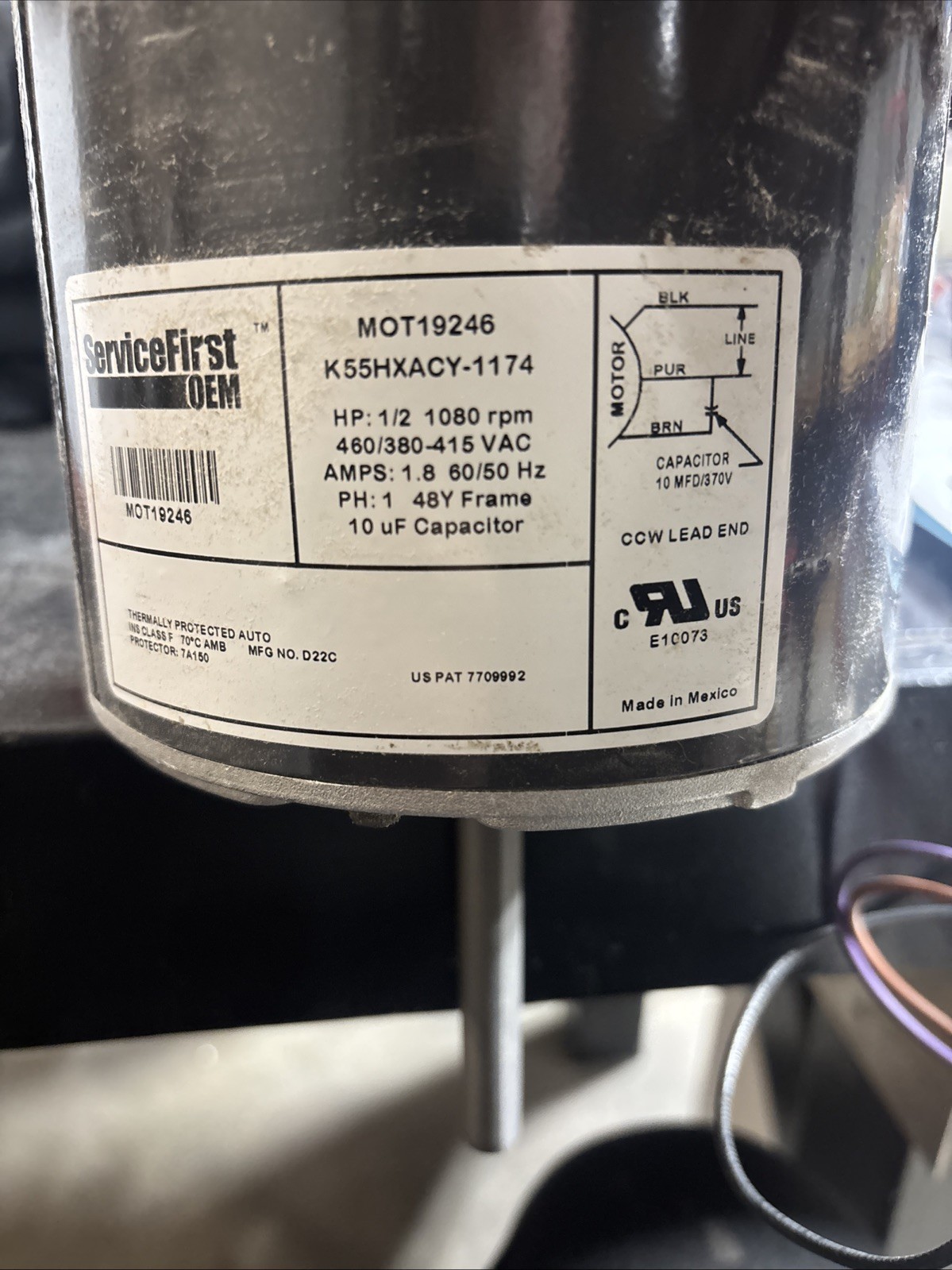 Condenser Fan Perm Slip Cap Mo Motor 1/2 HP 1080 RPS 460/380-116 115V