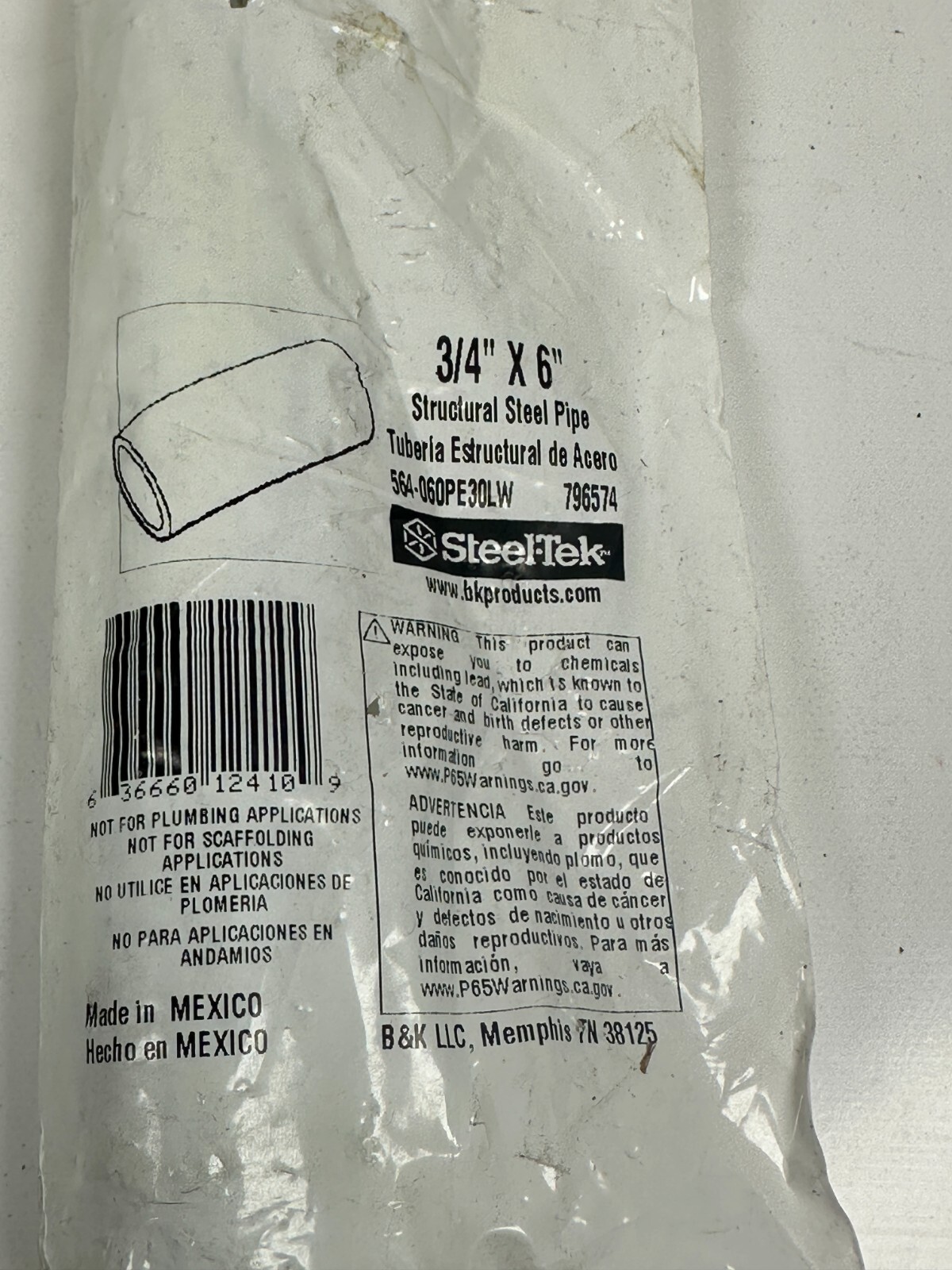 Steel-Tek 3/4″ x 6″ Structural Steel Pipe 564-060PE30LW 796574 NEW In Bag