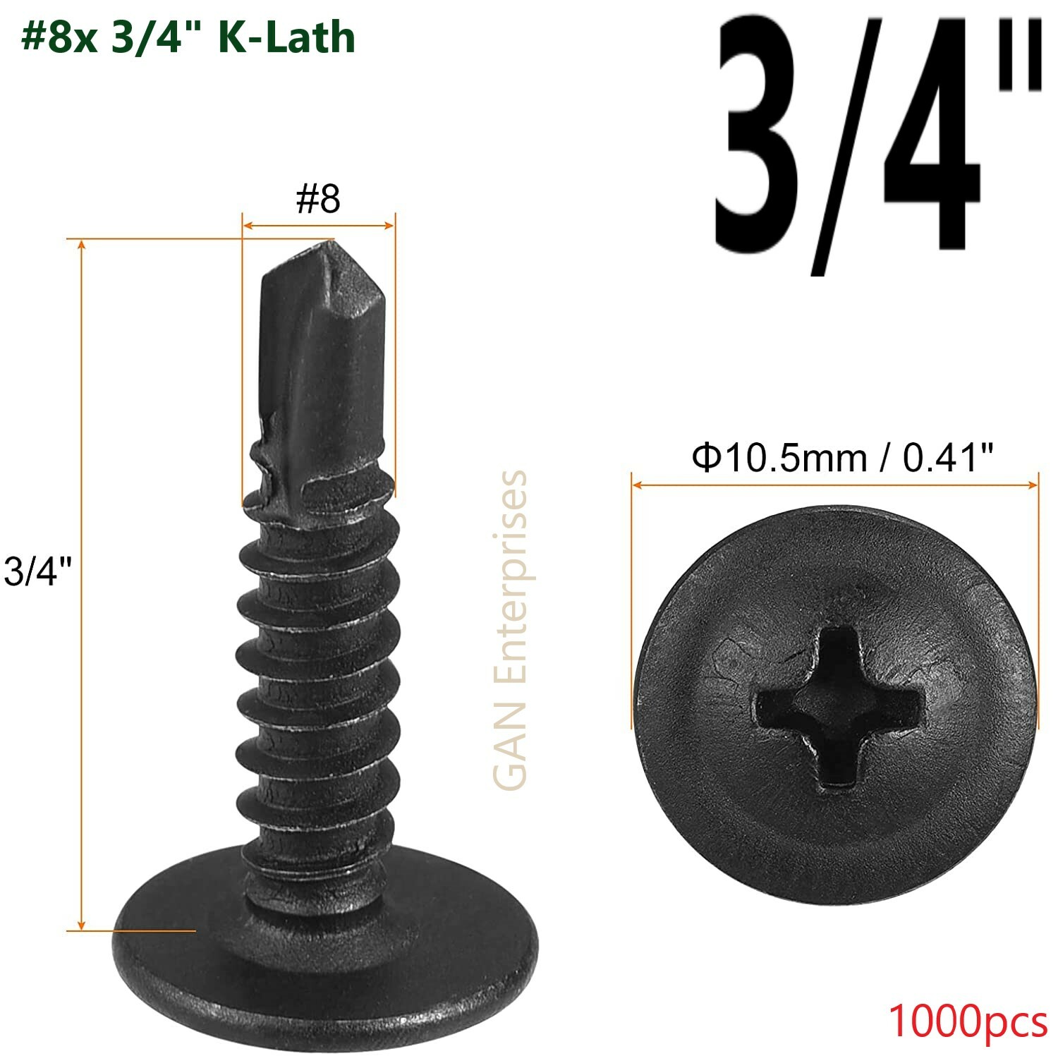 Modified Truss Head Self Drilling Screws #8 x 3/4″ K-Lath self taping Black 1000