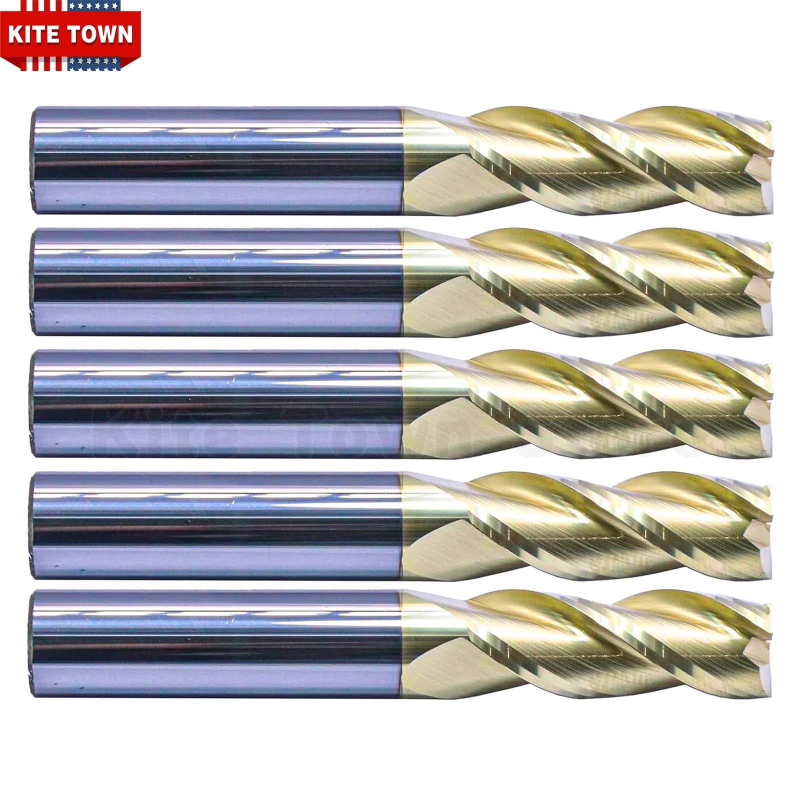 5Pcs 3/8″ 3 Flute 37° Helix Solid Carbide End Mill For Aluminum – ZrN Coated
