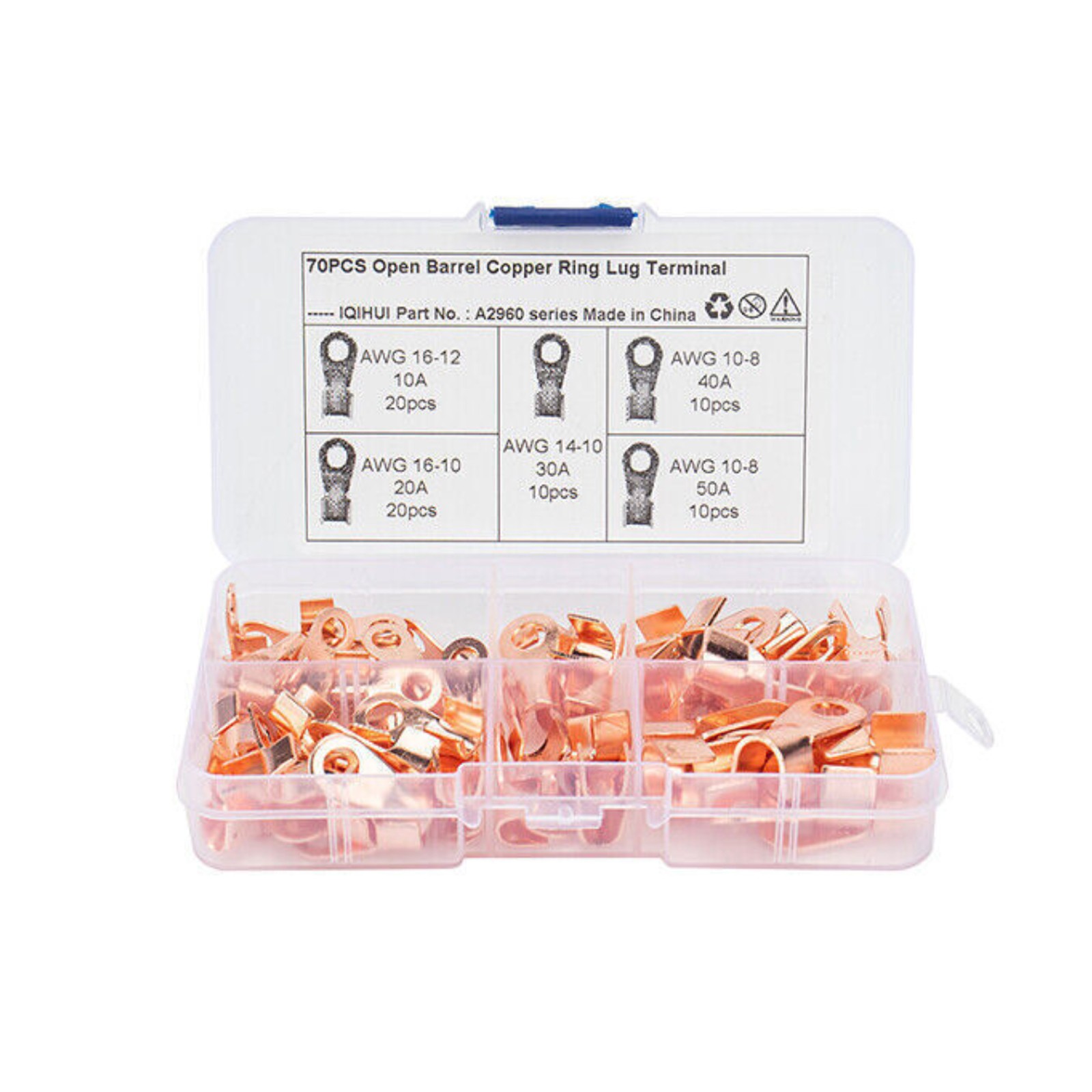 70PCS 5Types Car Open Wire Connector Copper Ring Lug Terminal Kit with Box a