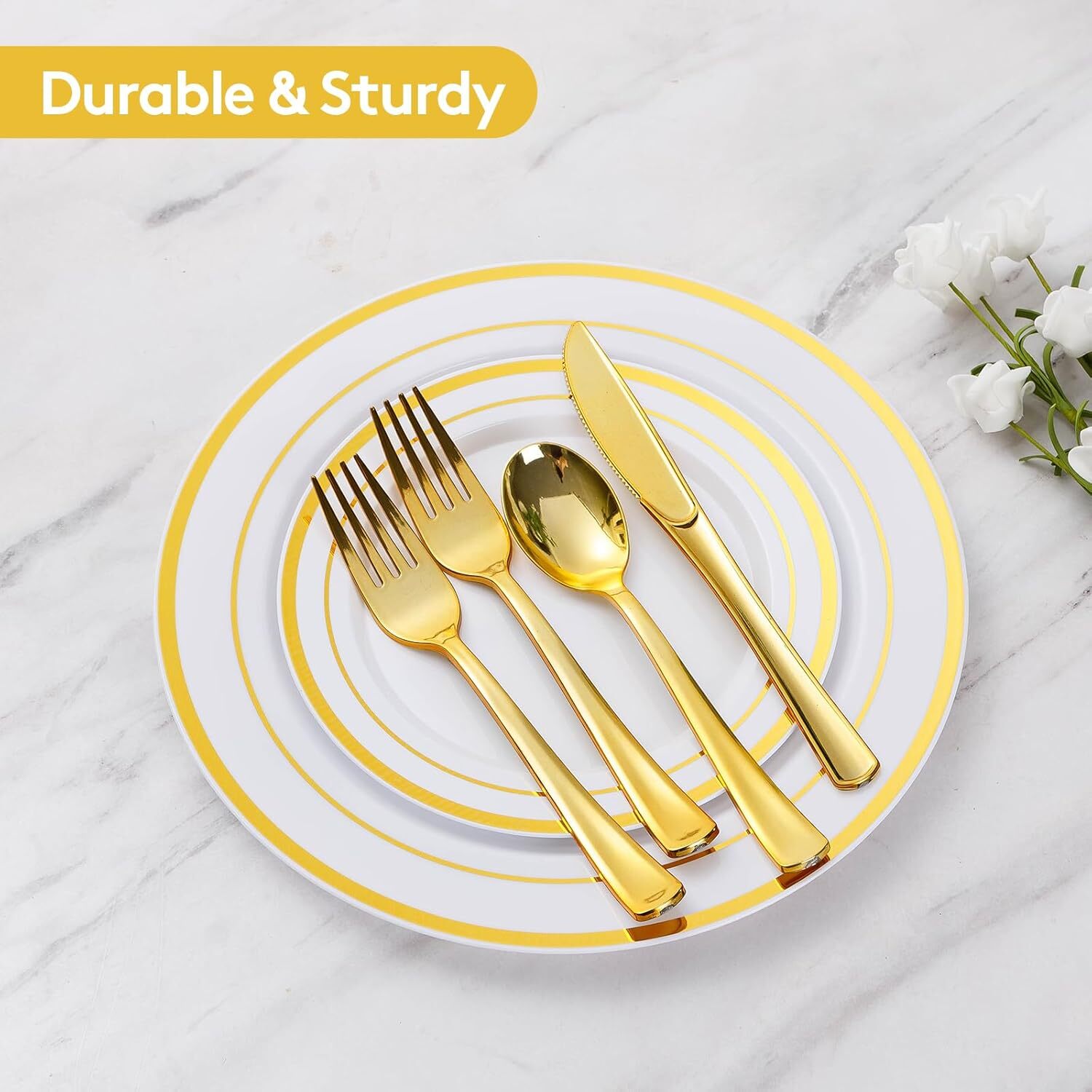 Goodluck 600 Pieces Gold Disposable Plates for 100 Guests, Plastic Plates