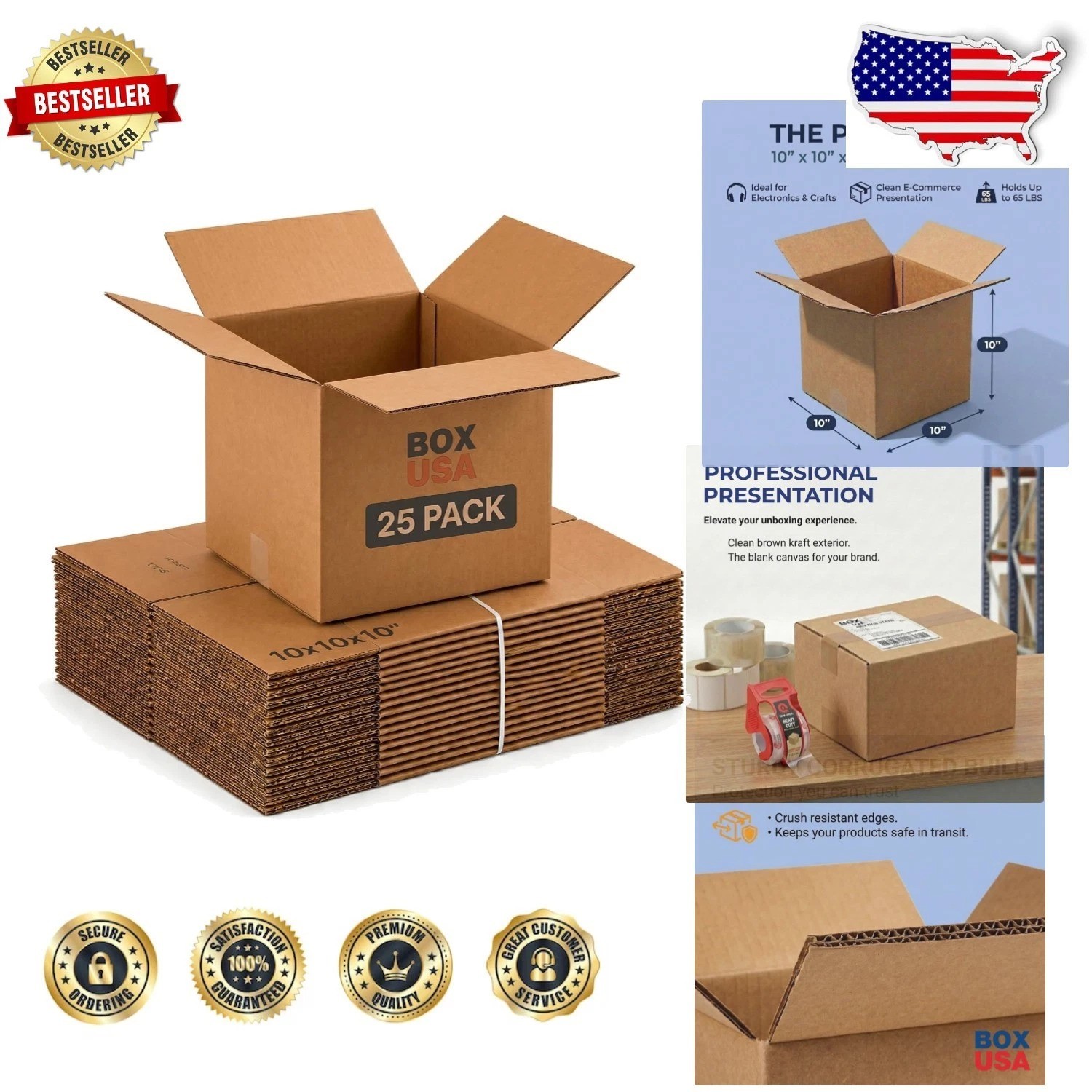 Small Moving Boxes 10x10x10″ 25-Pack – USA Made Kraft Cardboard Shipping & St…