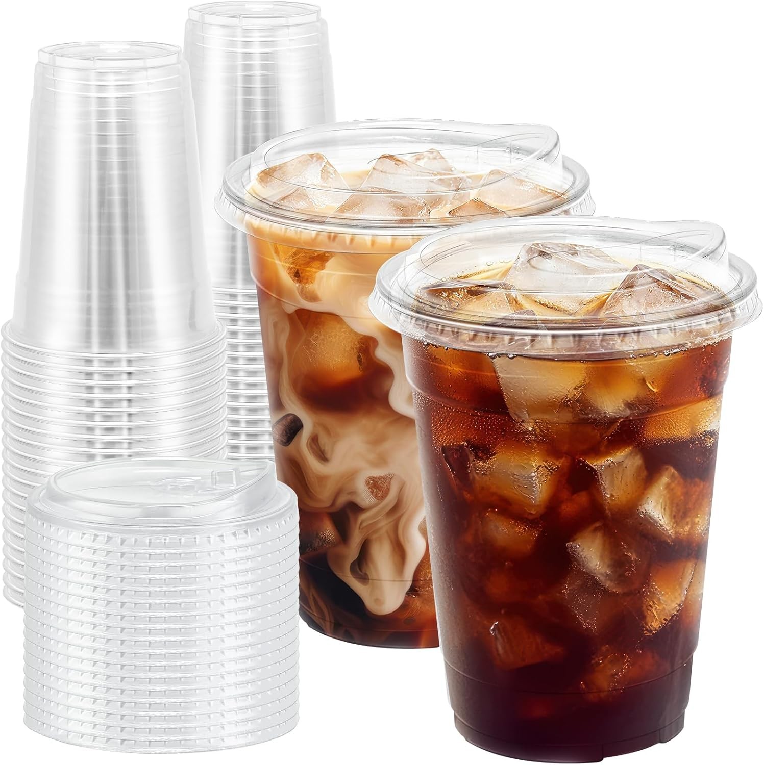 BYSNOW100Pack16ozClearPlasticCupsWithLidsDisposableColdDrinkIcedCoffeeSmoo
