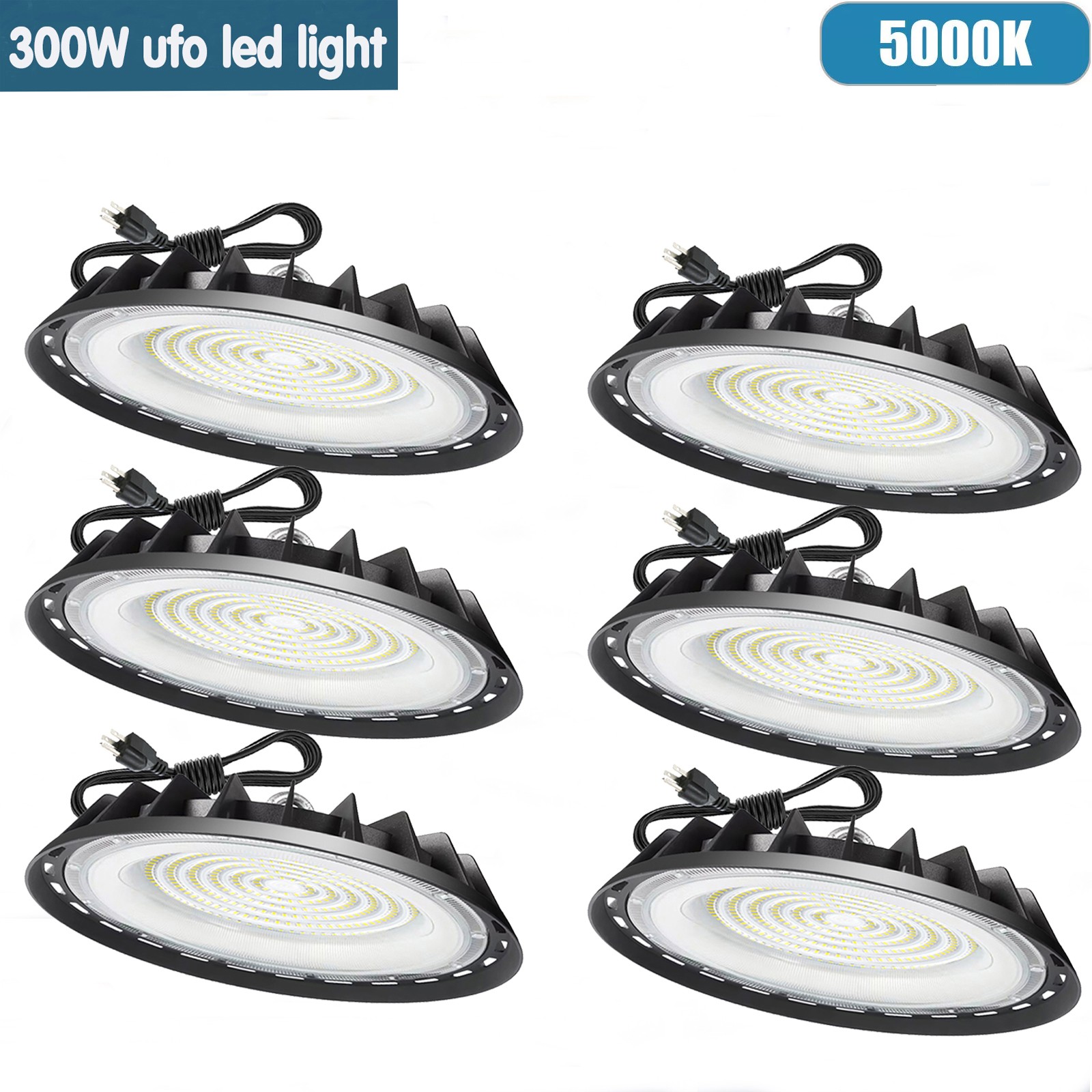 6 Pack 300W UFO Led High Bay Light Industrial Warehouse Commercial Lights 5000K