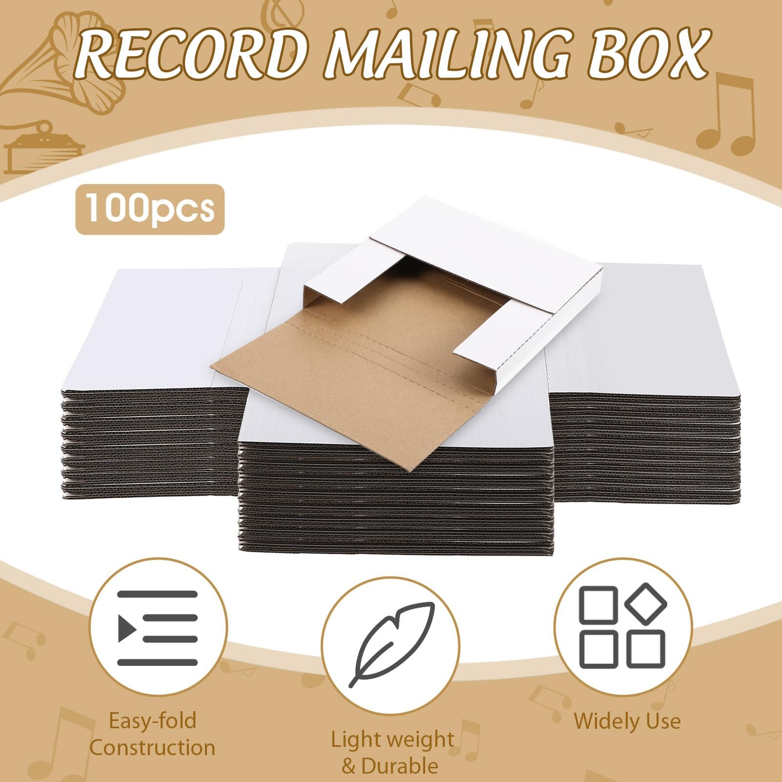 Fuutreo 100 Pack 7 Inch Vinyl Record Mailers Boxes 45 RPM Easy Fold LP White