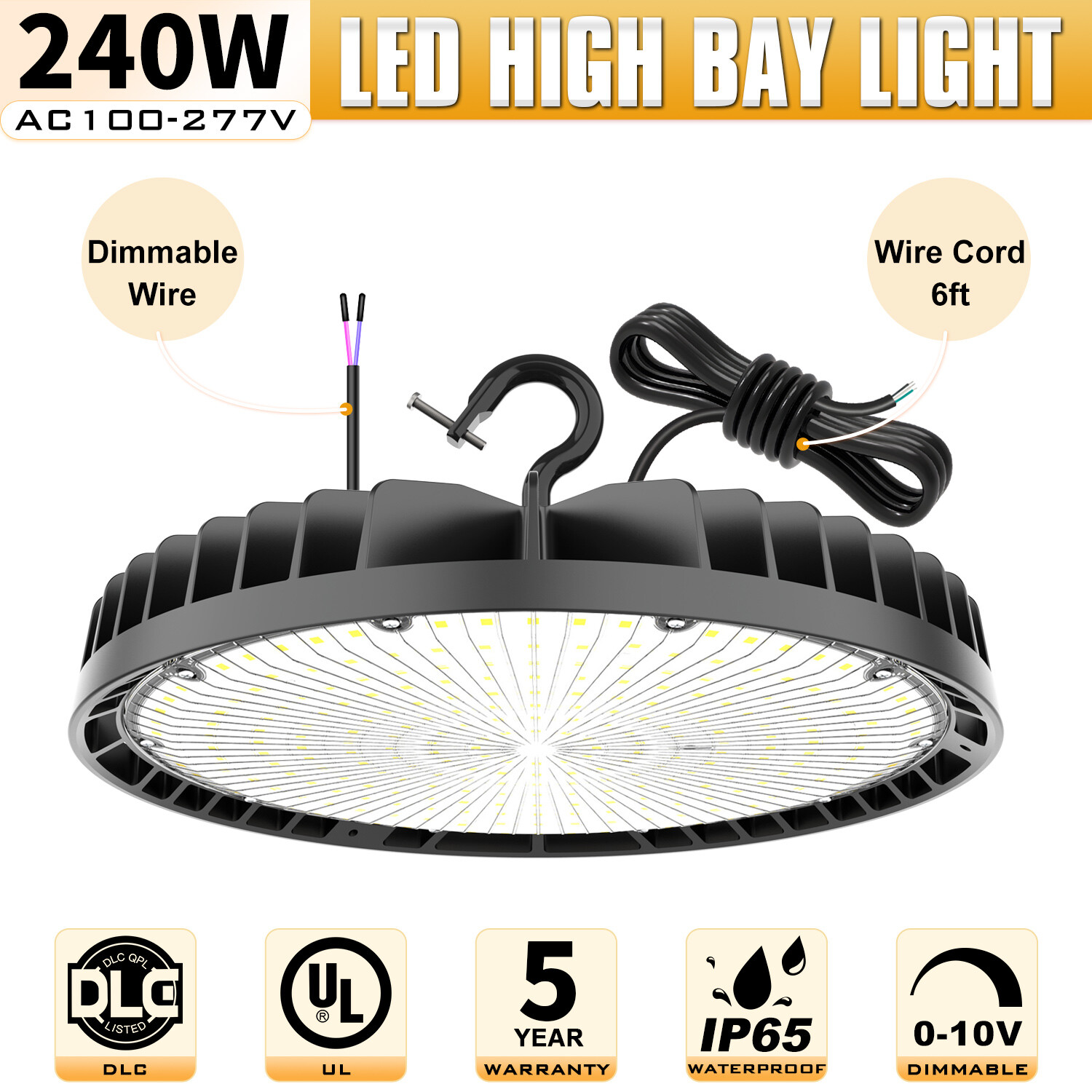 LED High Bay Light 33600lm (Eqv.1000W MH/HPS) 5000K Warehouse UFO Light 240 Watt