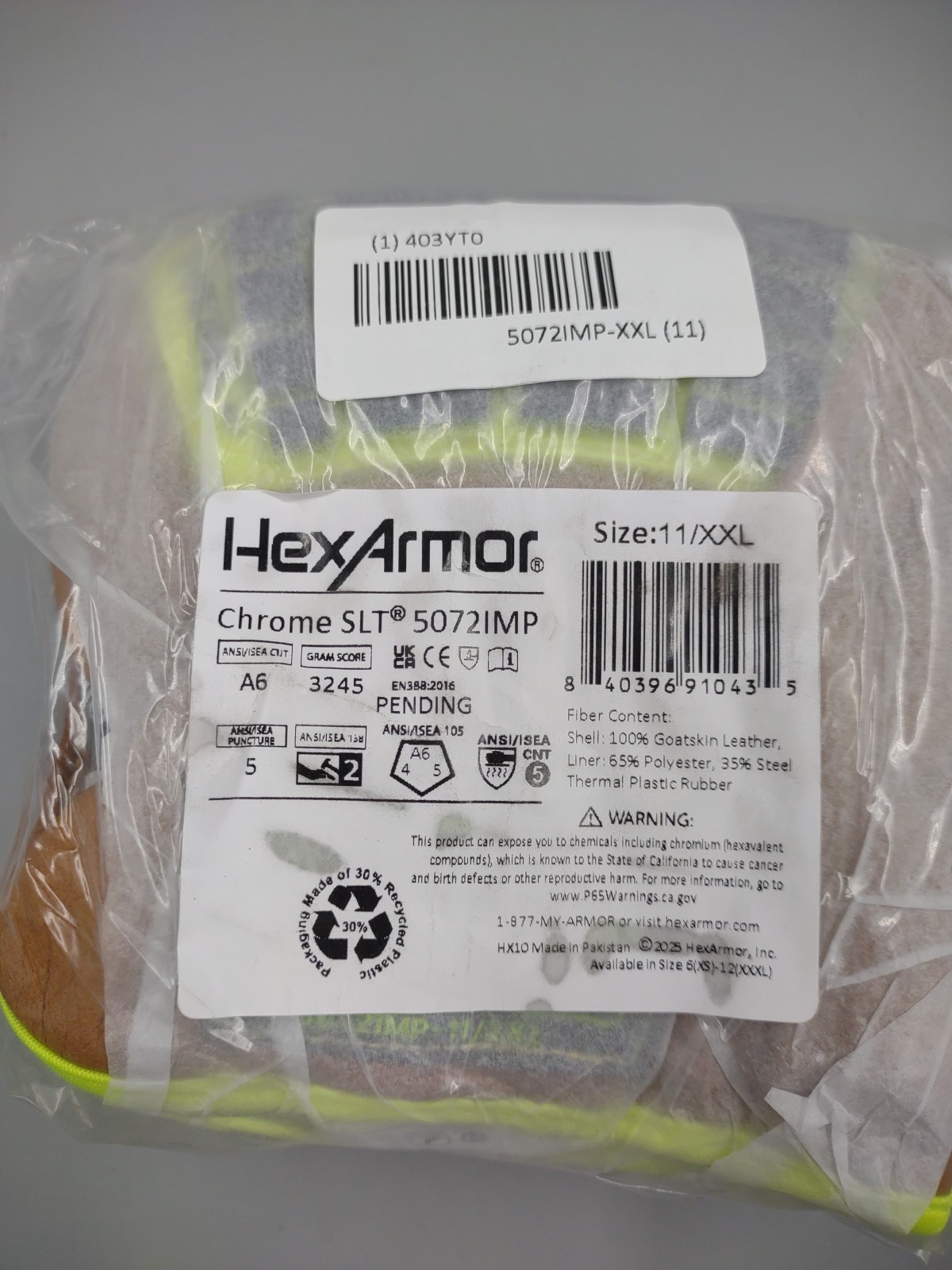 HexArmor Chrome SLT 5072IMP Goatskin Work Gloves ~ Size: 11/XXL