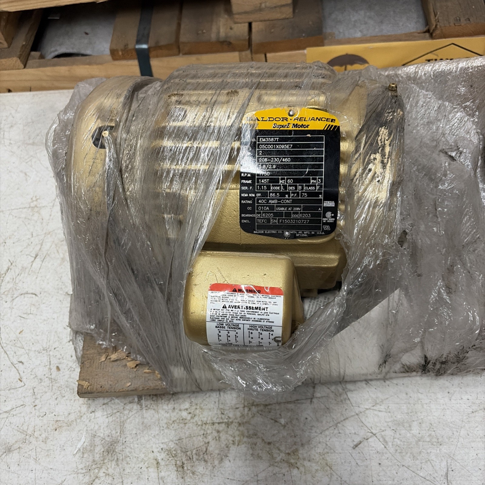 BALDOR SUPER-E MOTOR EM3587T, 2HP 460V 1750RPM 5.8A FREE SHIPPING