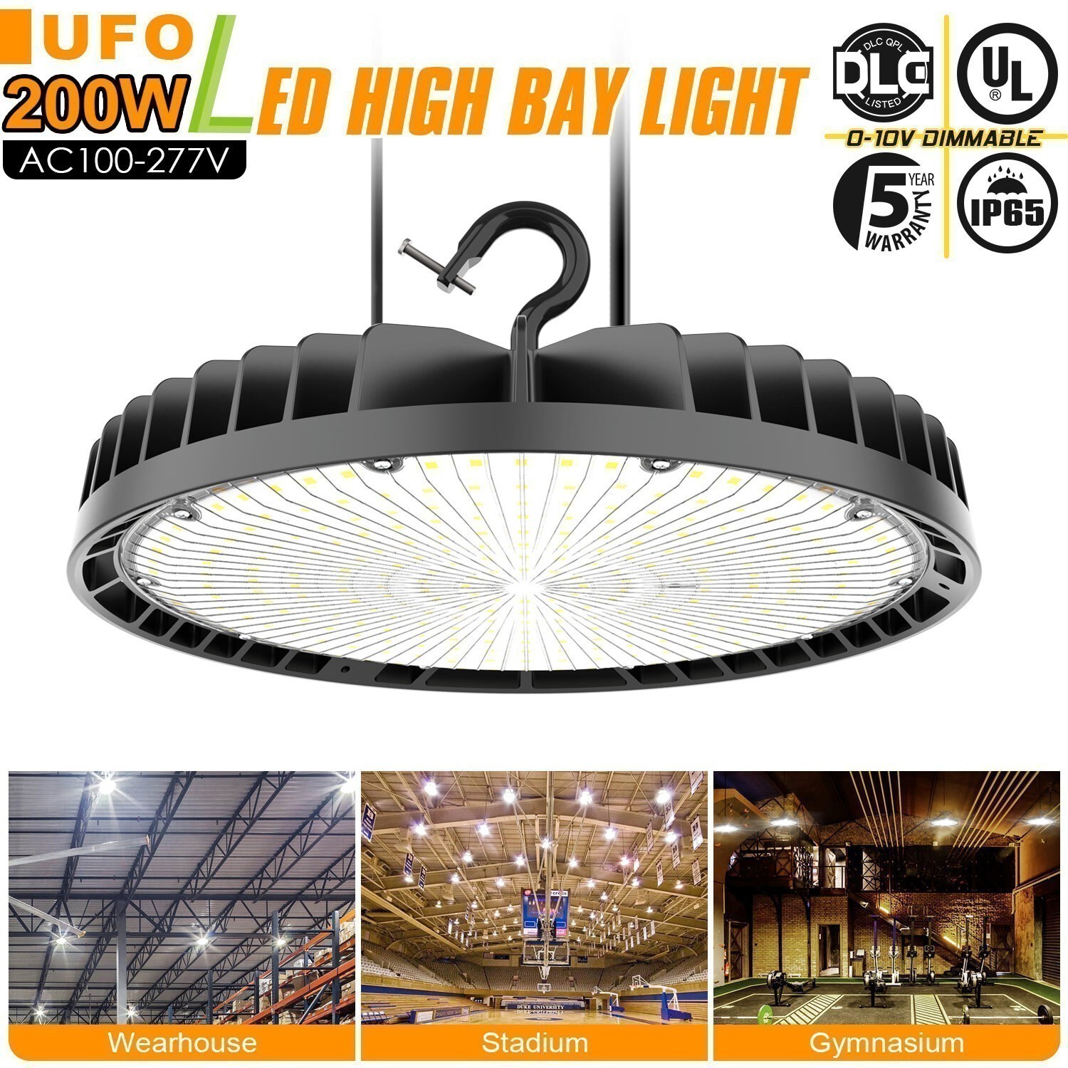 200W UFO Led High Bay Light Factory Warehouse Commercial Light Dimmable 5000k