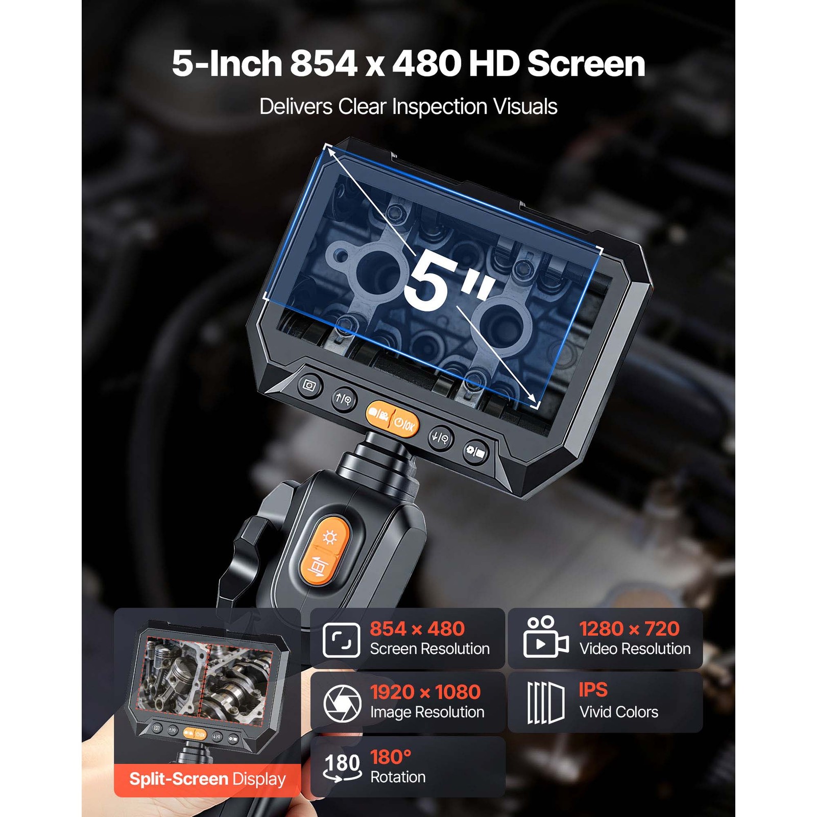 Uimoso Dual-Lens 2-Way Articulating Endoscope with 5″ Split-Screen Display