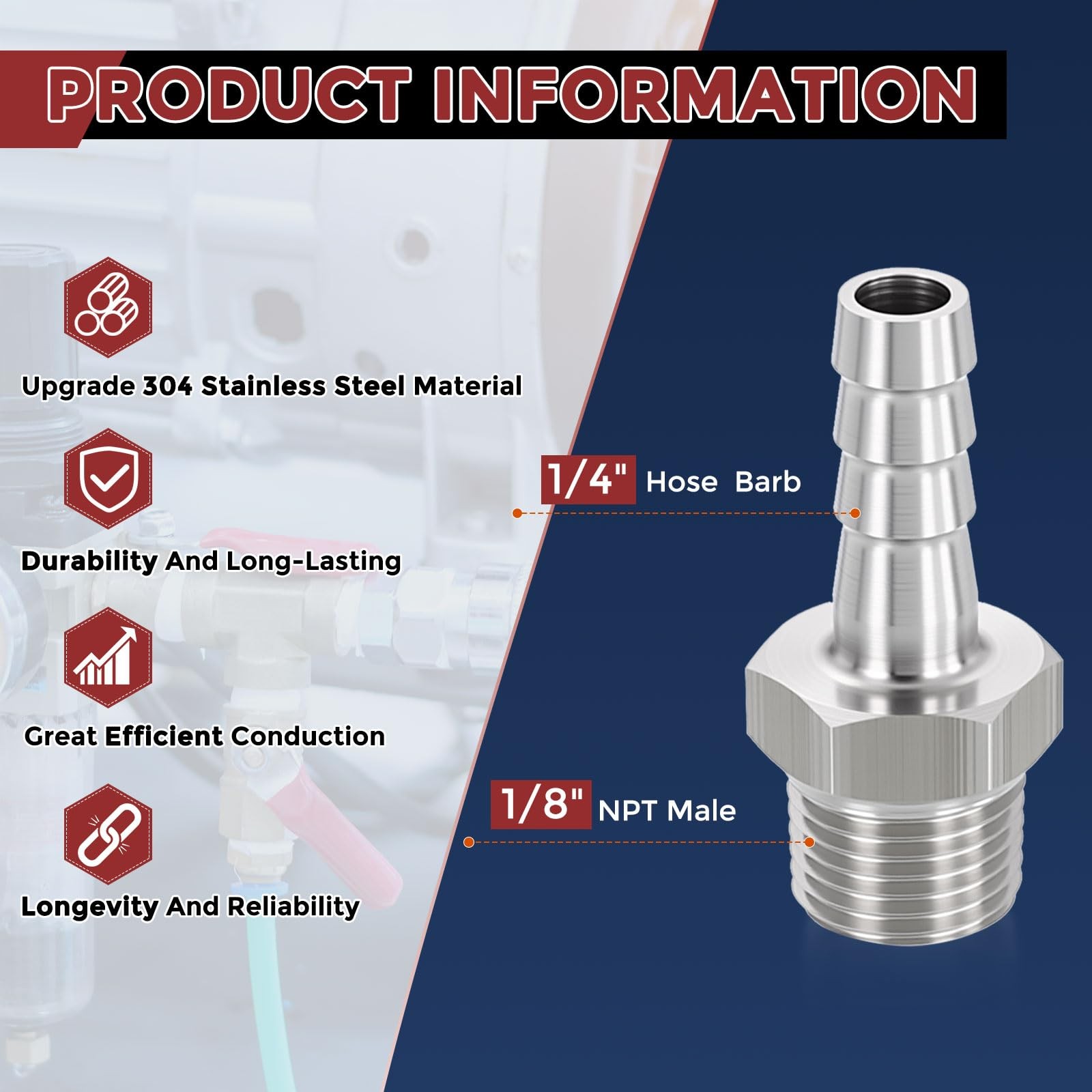 10 Pack Stainless Steel Hose Barb Fittings, 1/4 Hose Barb to 1/8 NPT Male