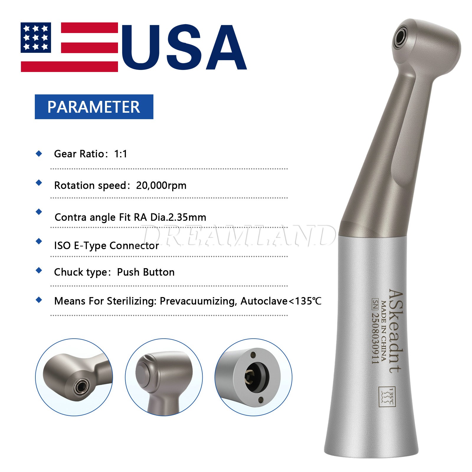 NSK Style Dental Slow Low Speed Contra Angle Handpiece Push Button E-type