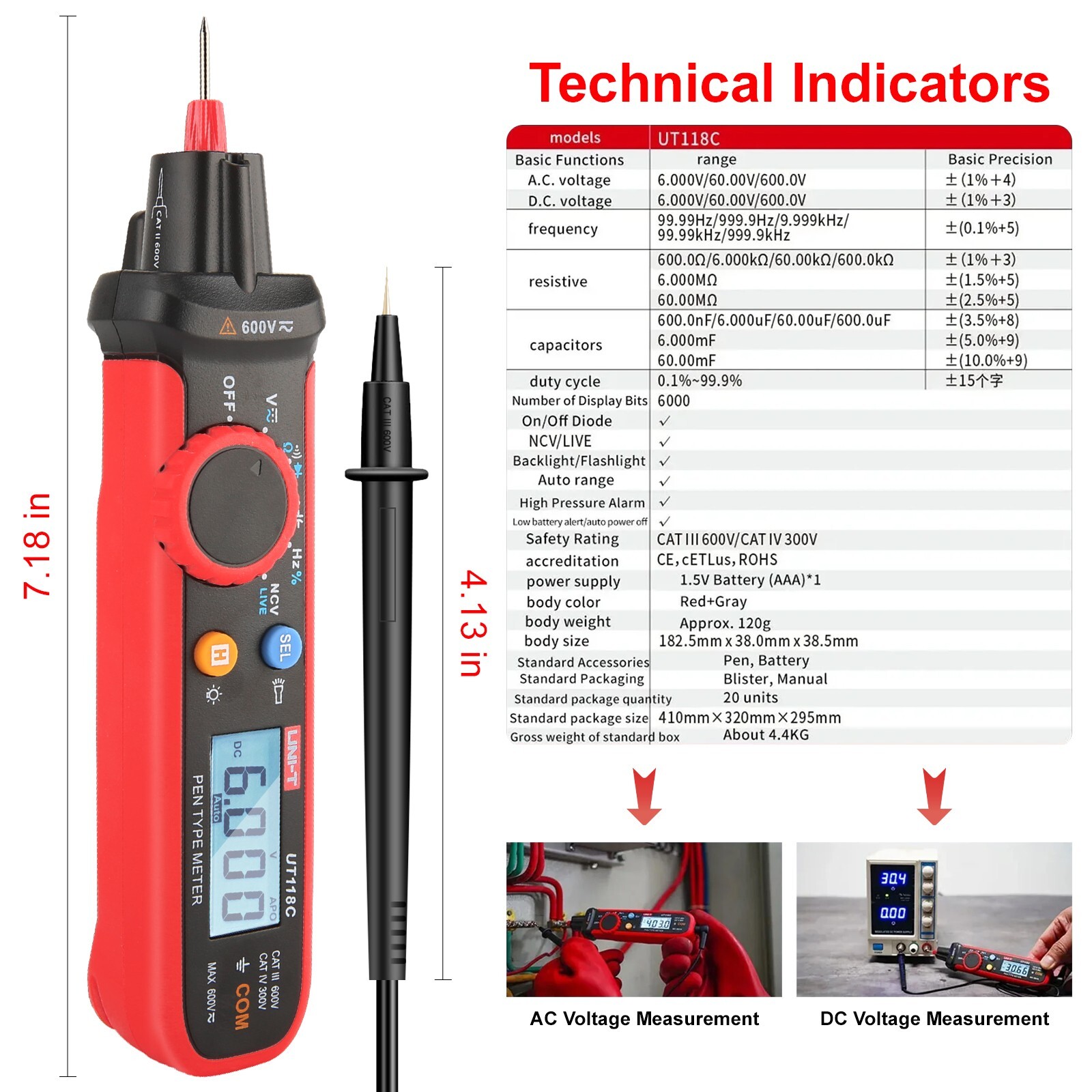 Digital Multimeter Pen Type UNI-T UT118C Volt Tester 6000Bits TRMS NCV Live Test