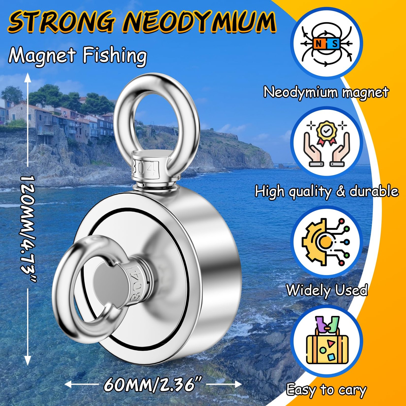 Magnet Fishing Kit 700 LBS Double Sided Neodymium 60mm Retrieval Tool