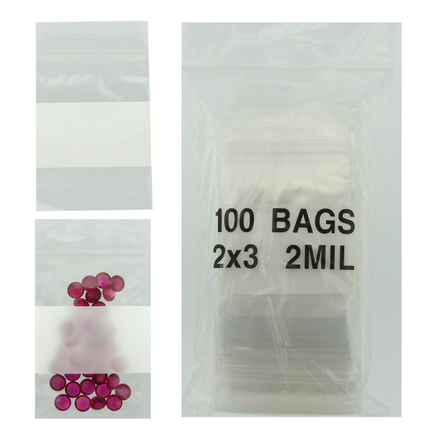 2″x3″ Plastic Bags Reclosable Pack of 100 Poly Baggies w/ Writing Block