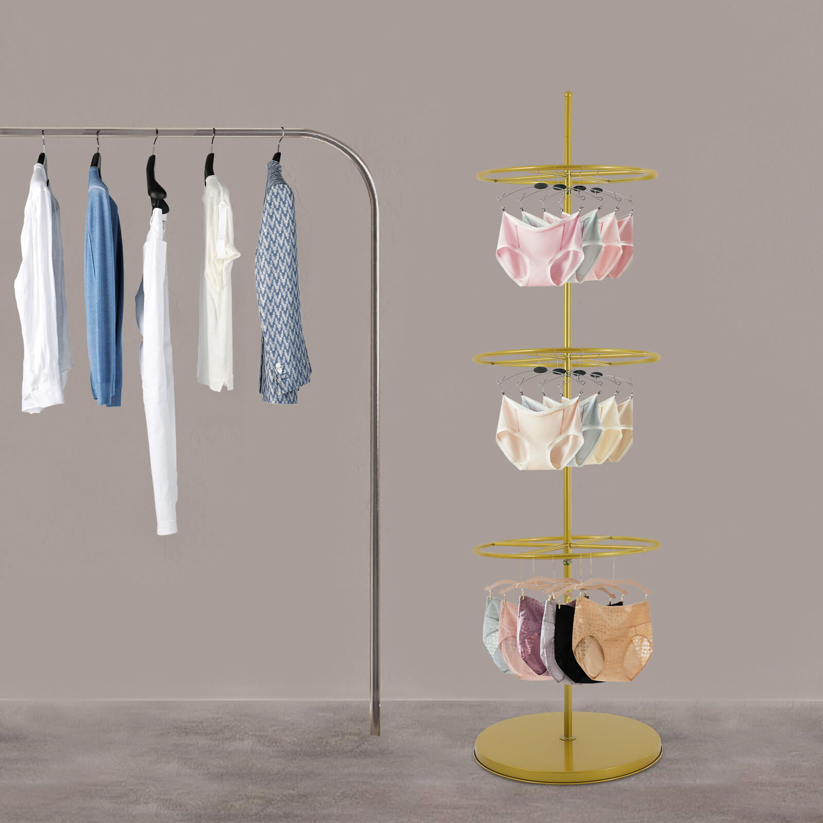 3-Tier Rotatable Round Display Rack for Clothing – Metal Clothes Organizer
