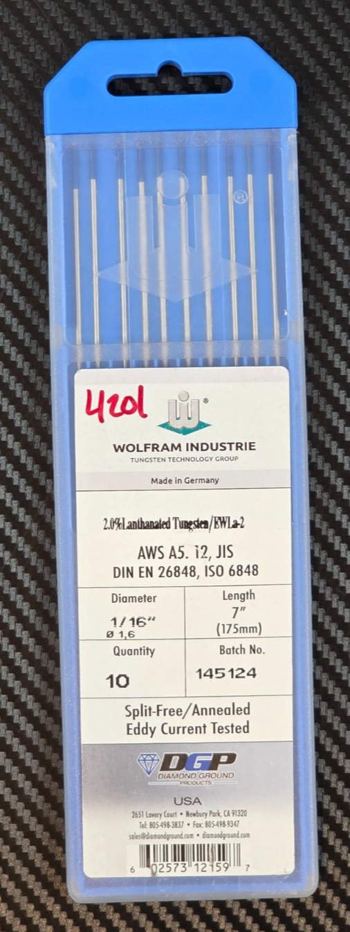 Wolfram Industries 2.0% Lanthanated Tungsten/ EWLa-2, 1/16″ Dia 7″ Pack of 10