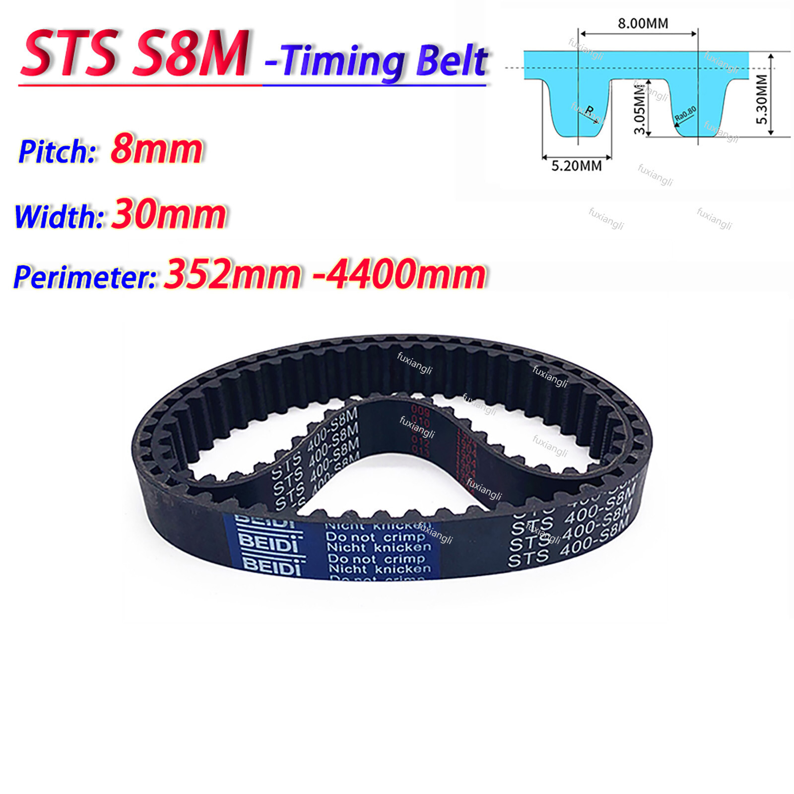 STS S8M Timing Belt Pitch 8mm Close Loop Rubber CNC Synchronous Belt Width 30mm