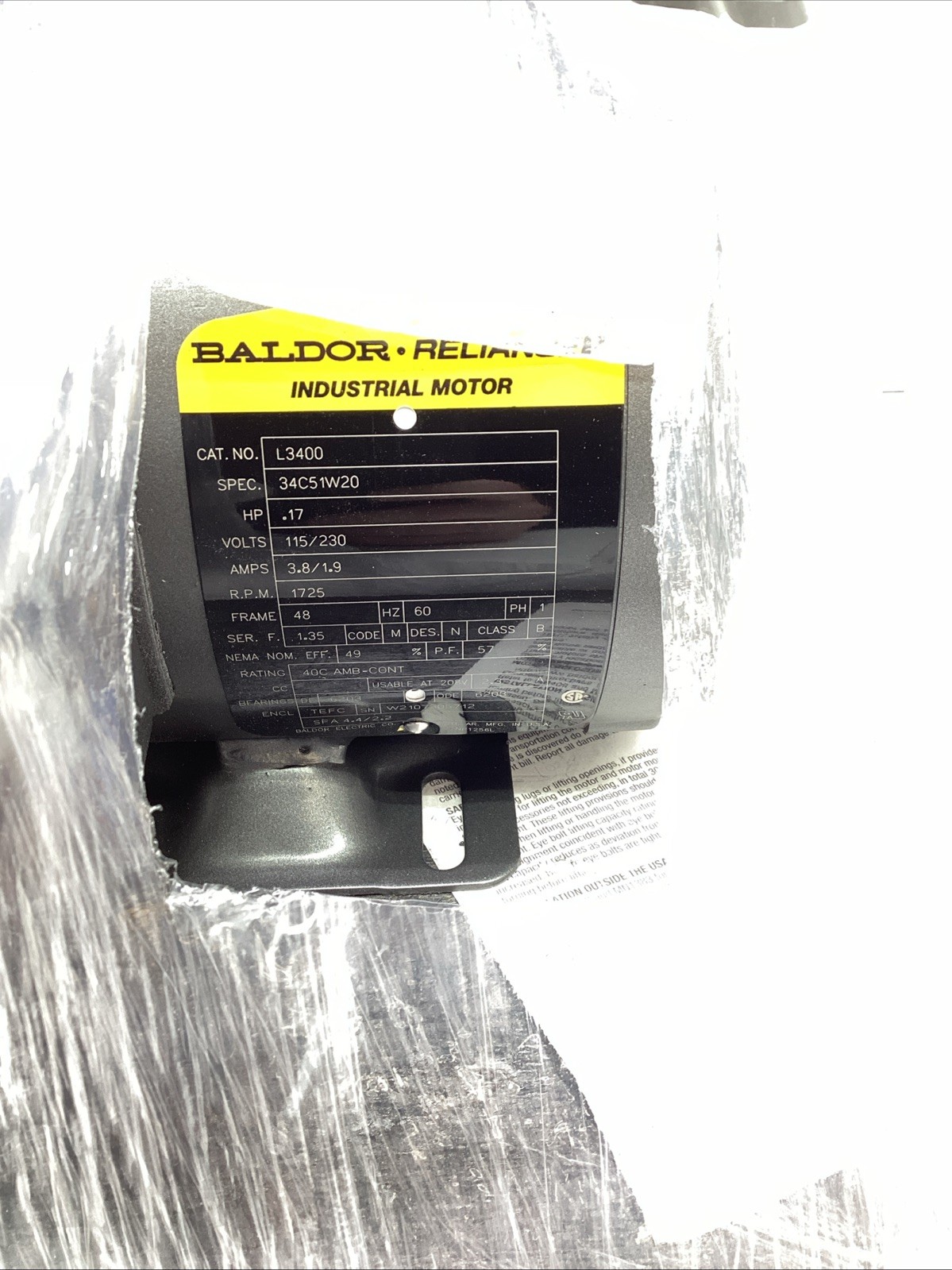 Baldor Reliance Industrial Motor L3400 0.17HP 115/230V 1725RPM Fr. 48 NIB