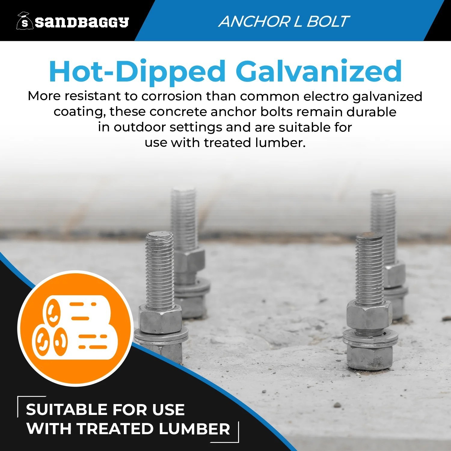 Sandbaggy 3/4″ x 10″ Threaded Concrete Anchor L-Bolts – Hot Dipped Galvanized