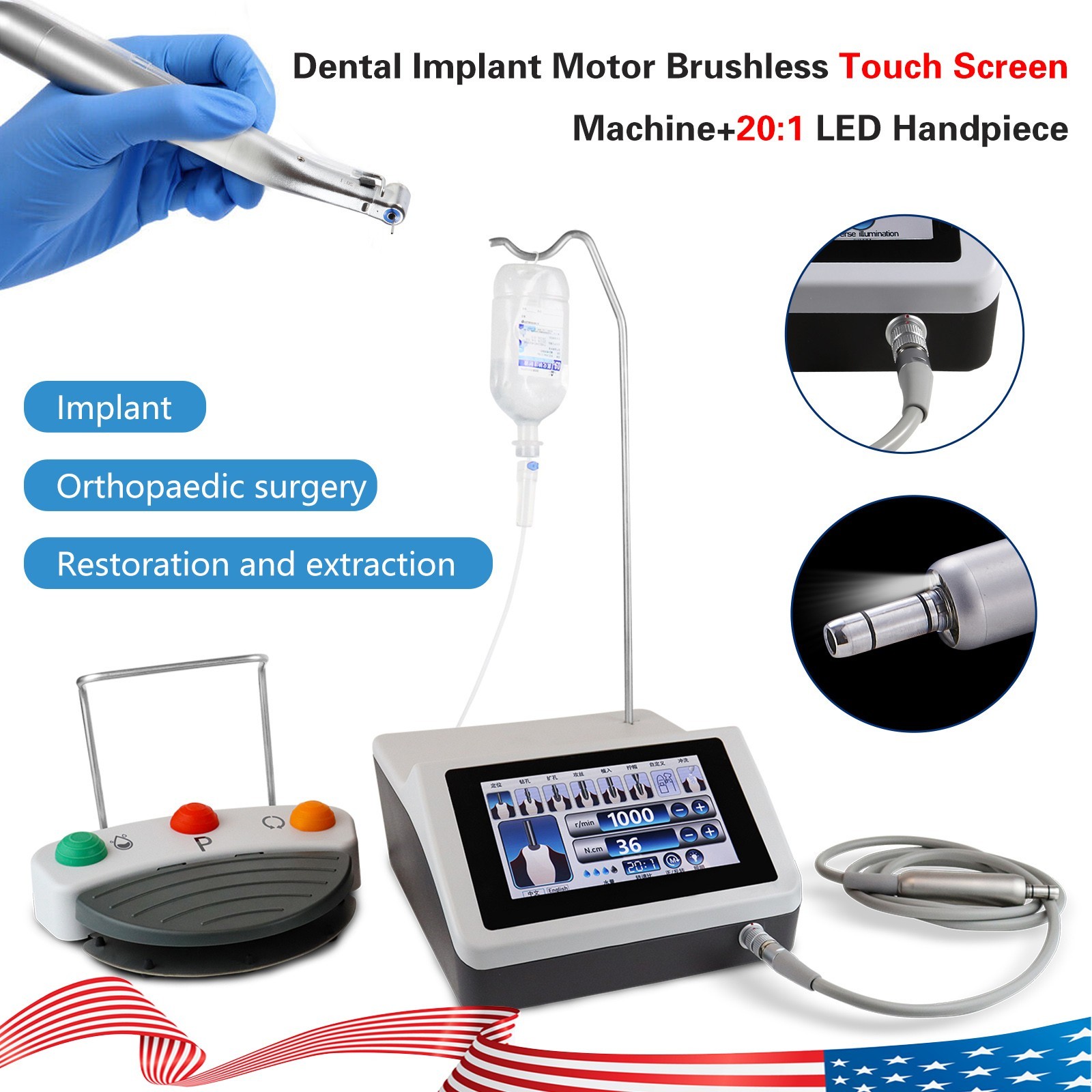 Dental LED Implant Motor Surgical System Touch Screen/20:1 LED Contra Angle