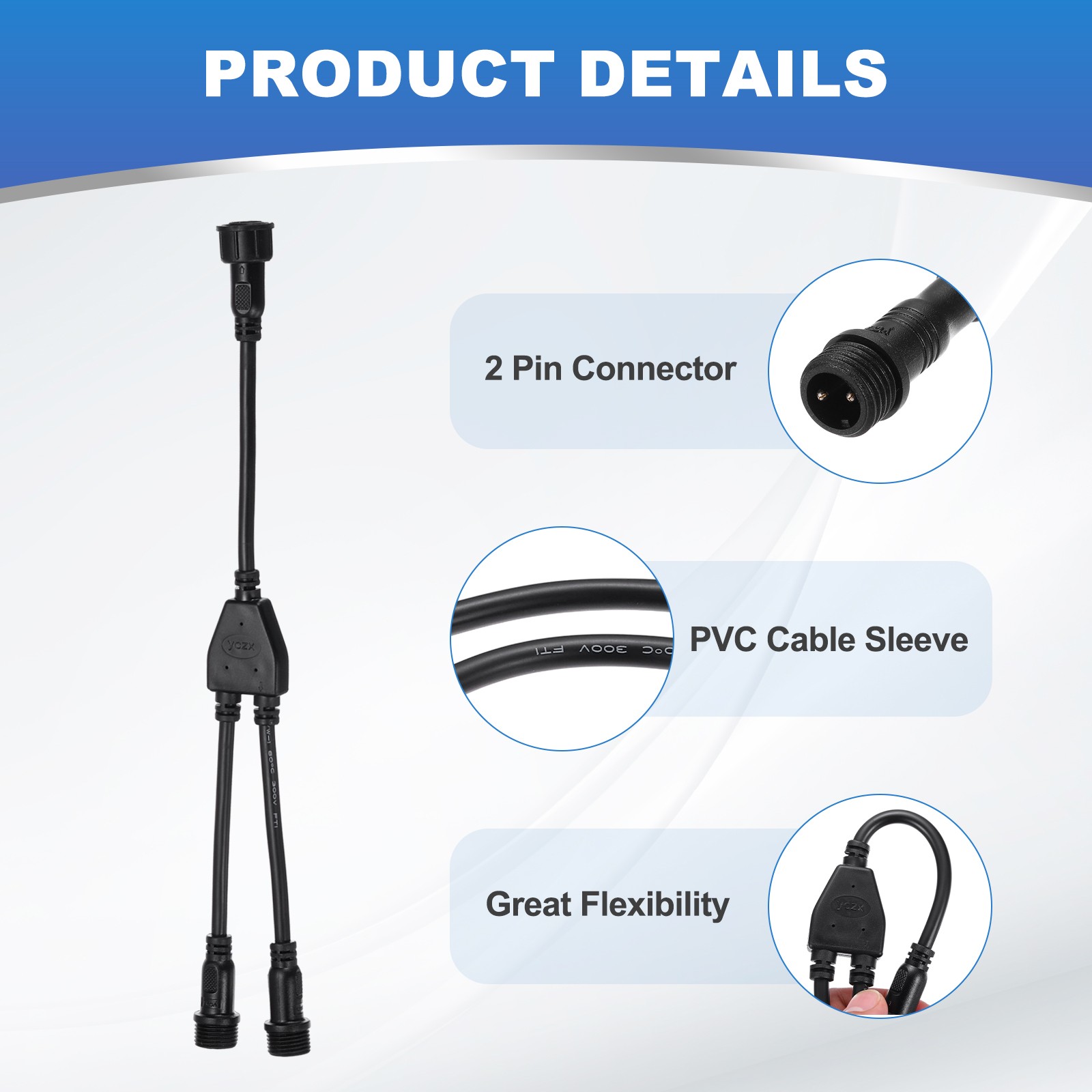 2-Core 2 Pins Y Splitter Connector 30cm 22AWG IP65 Y-Shape 1 Male to 2 Female