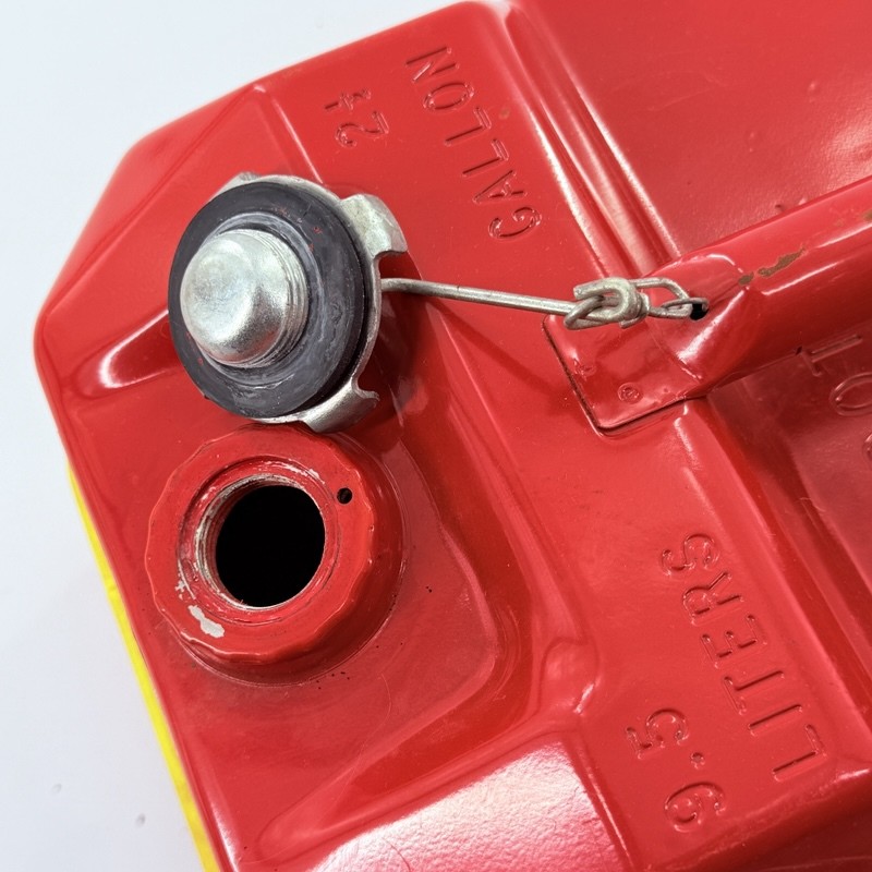 Vintage Blitz 2.5 Gallon Spare Fuel Tank Gas Can Red Metal w/ Yellow Tray