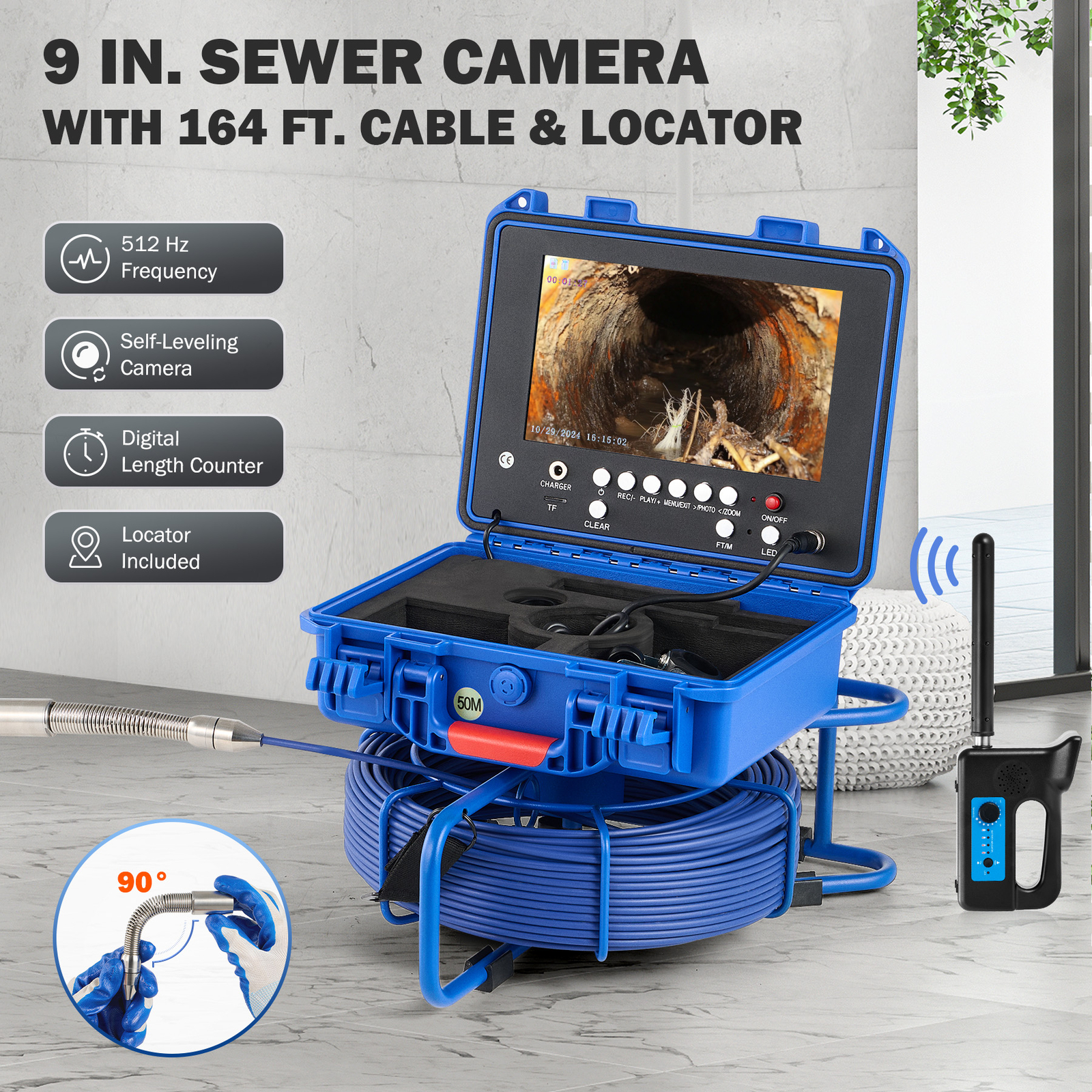 9 In Self-Leveling Sewer Camera 50m/164ft Pipe Inspection Camera w 512Hz Locator