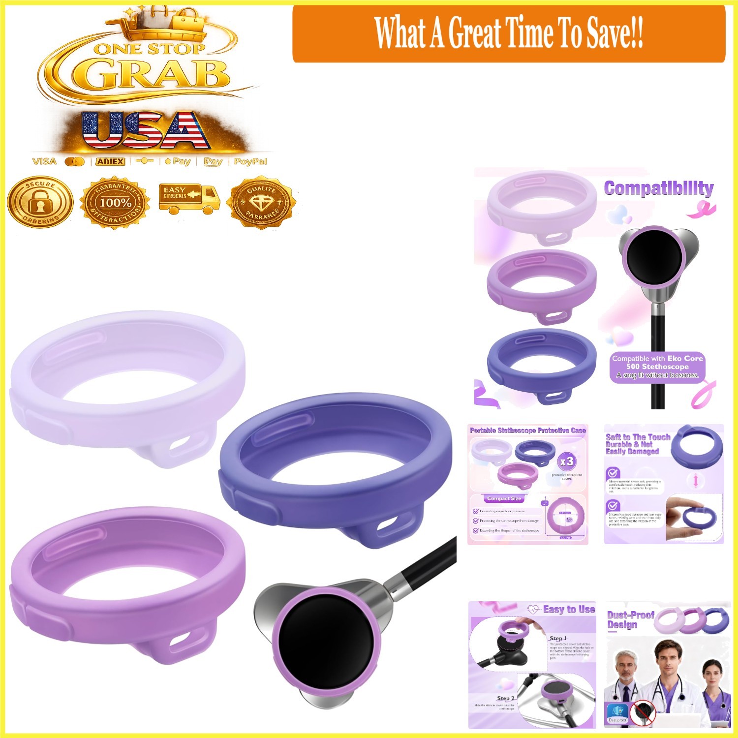 3 Pcs Silicone Chestpiece Covers for EKO CORE 500 Stethoscope Gradient Purple