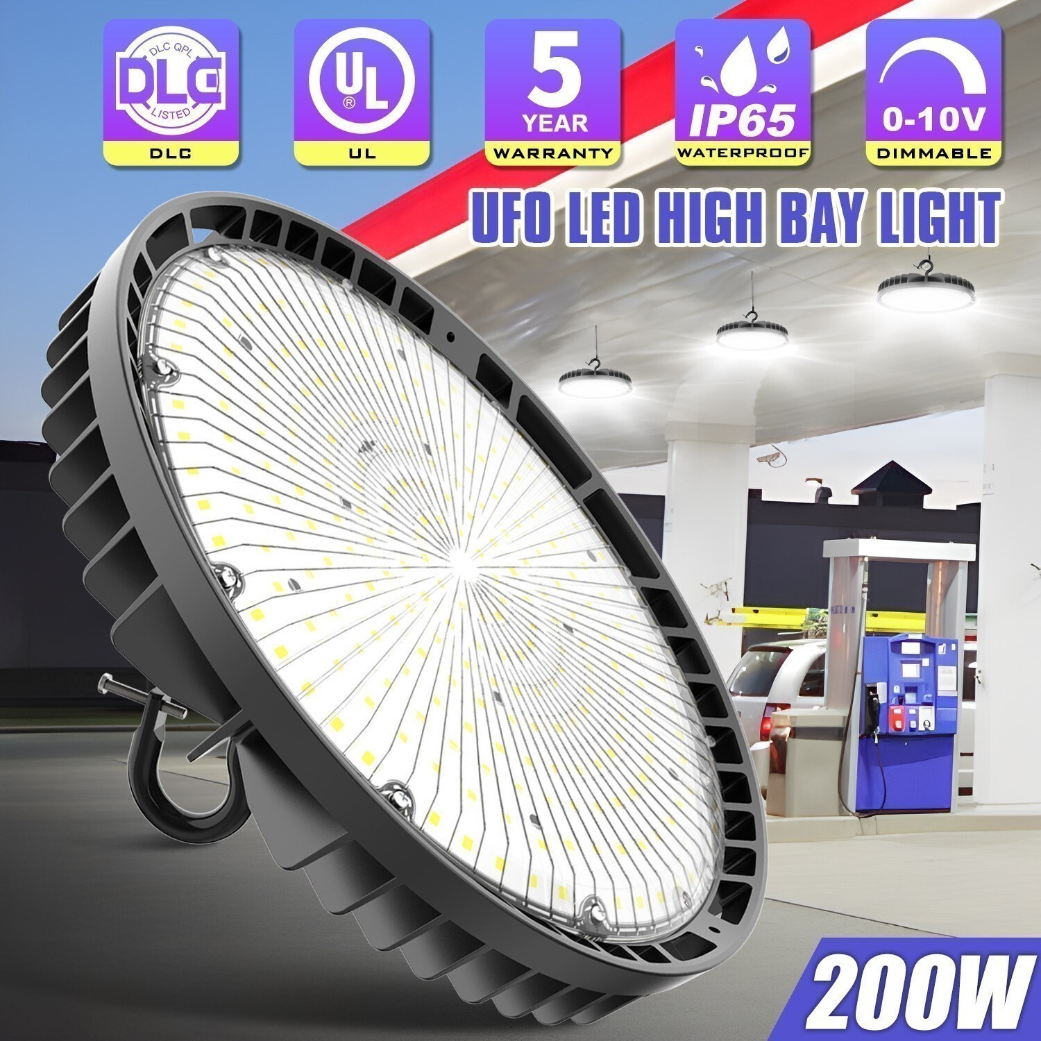 200W UFO Led High Bay Light Factory Warehouse Commercial Light Dimmable 5000k