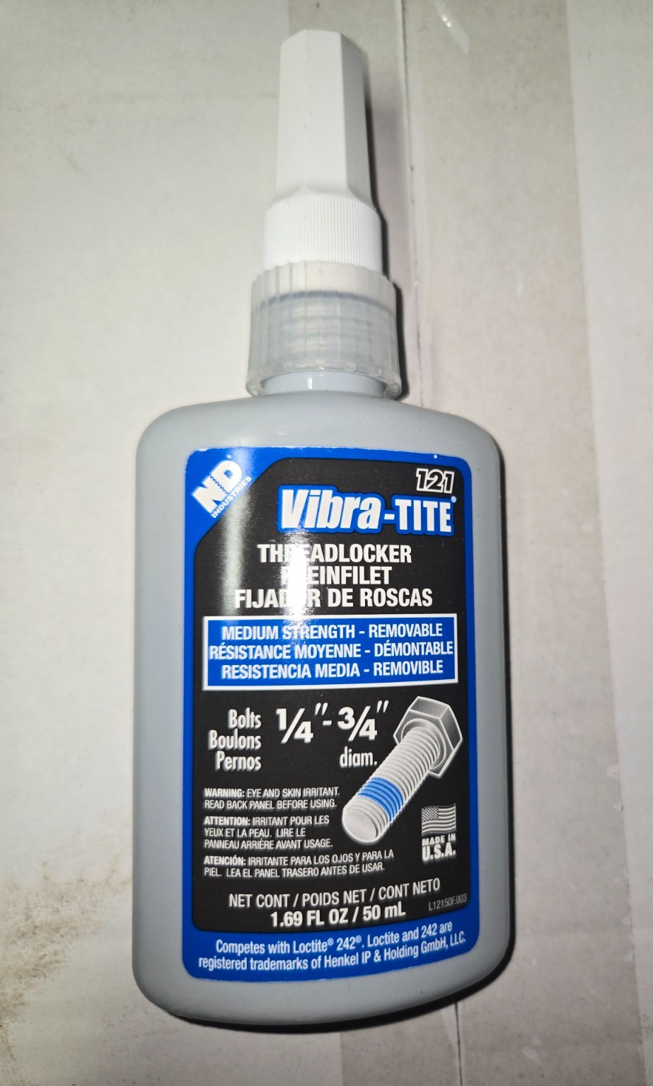 ND 121 Blue Vibra-Tite Threadlocker Medium Strength Removable 1.69 oz