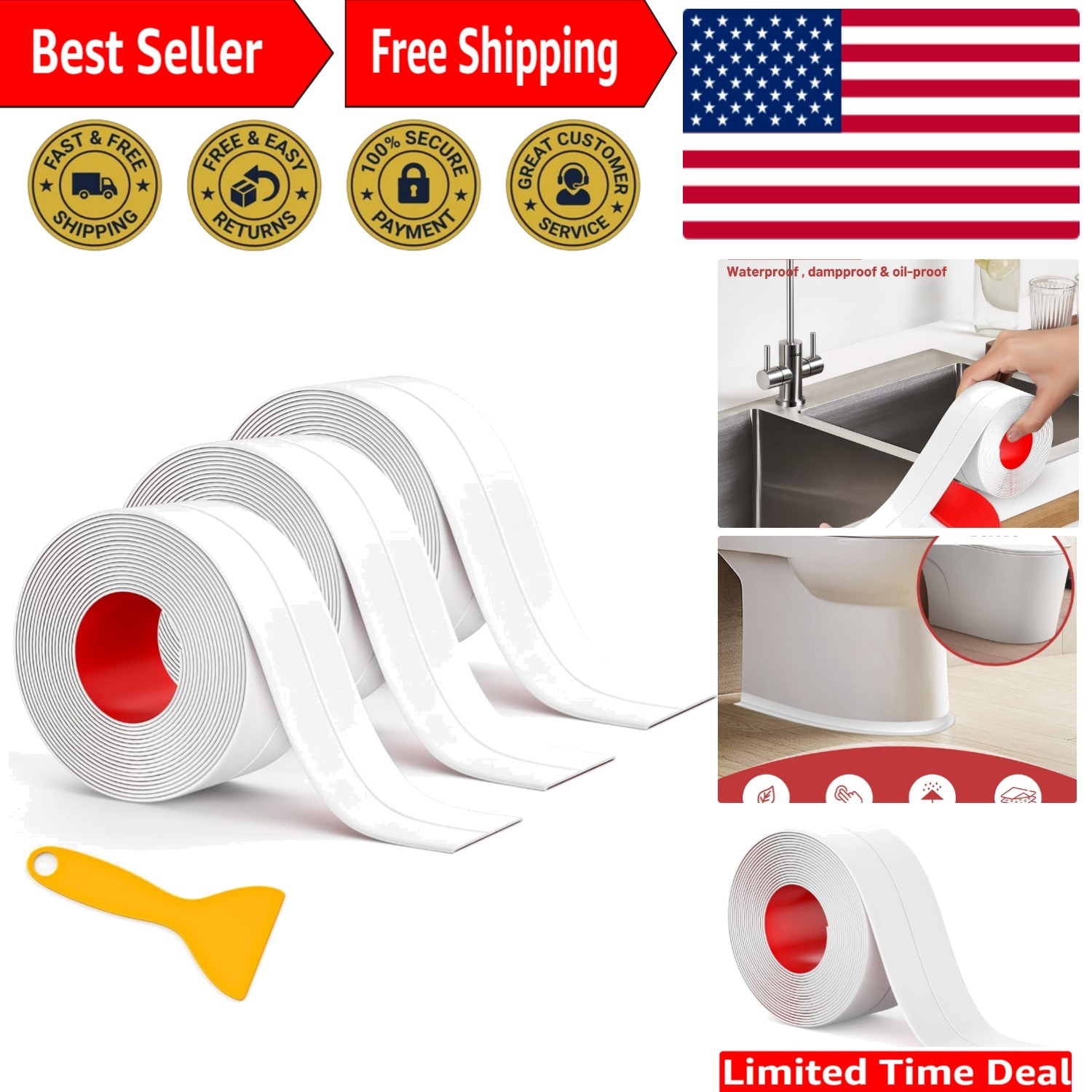 3 Rolls of Waterproof Caulk Tape – Self-Adhesive Sealant for Kitchen & Bath