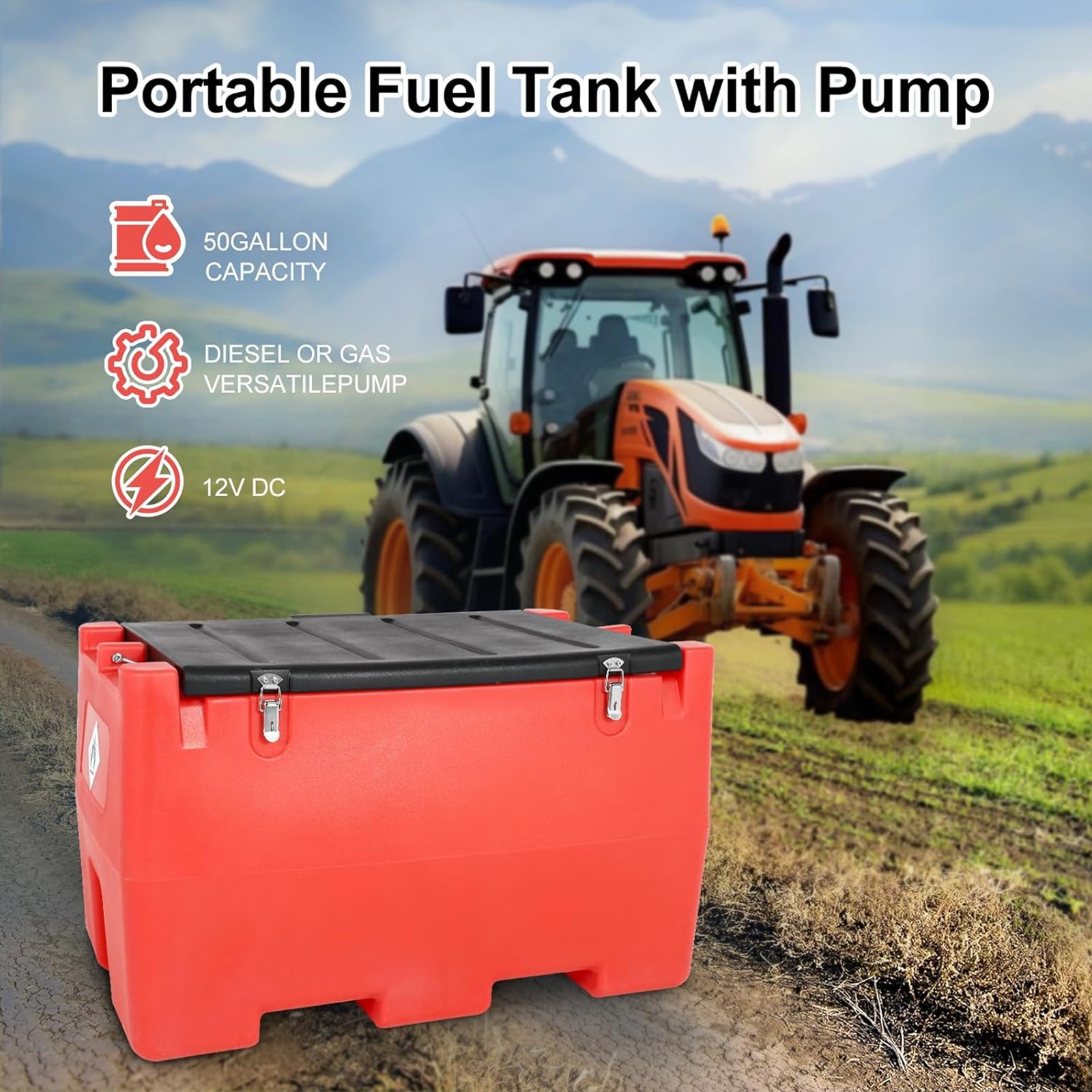 Portable Fuel Tank 50 Gallon 12V 8GPM Electric Transfer Pump&Auto Fueling Nozzle