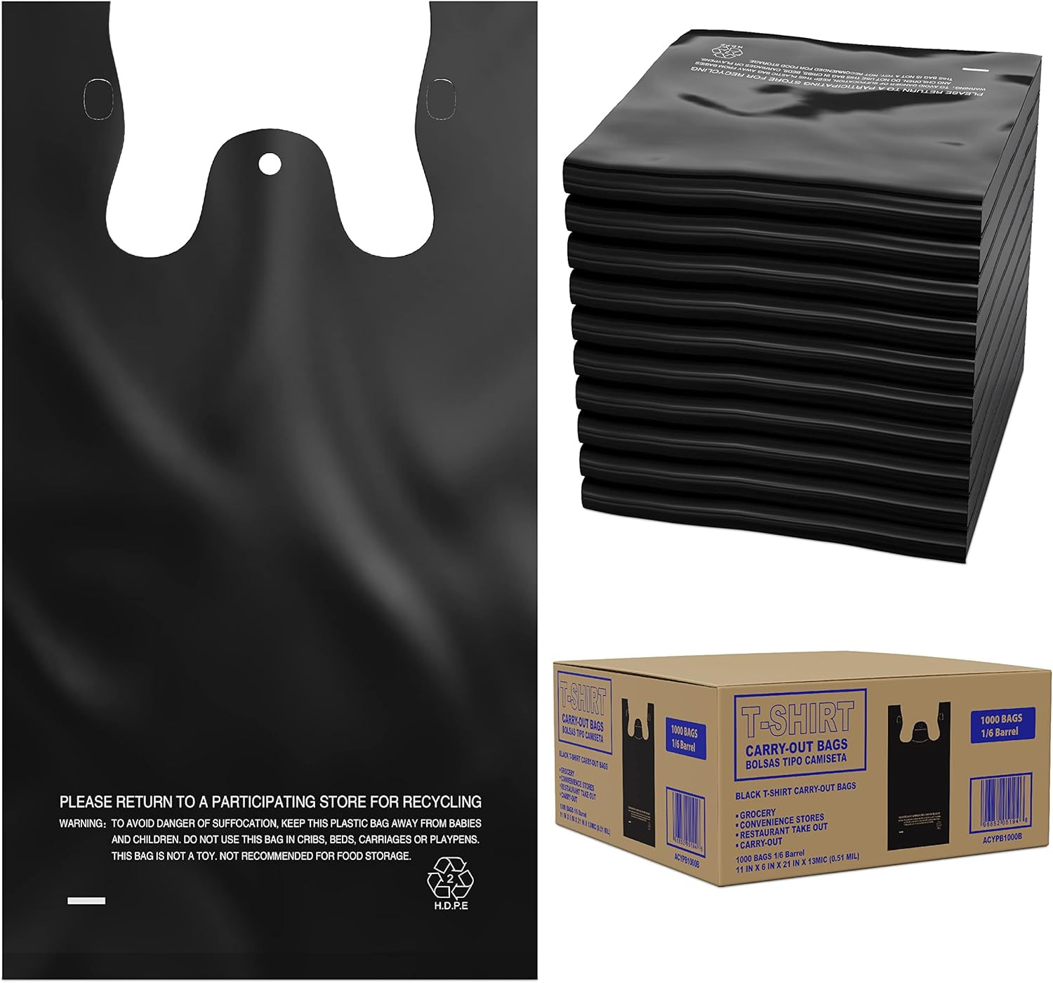, Black T-Shirt Bags in Bulk – 1000 Count – (11″ X 6″ X 21″) – Restaurant Carryo