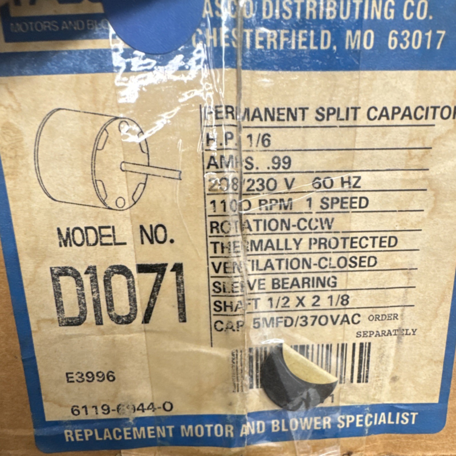 Fasco D1071 Blower Motor 1/6 HP 208/230V 0.99A 1PH Thermally Protected