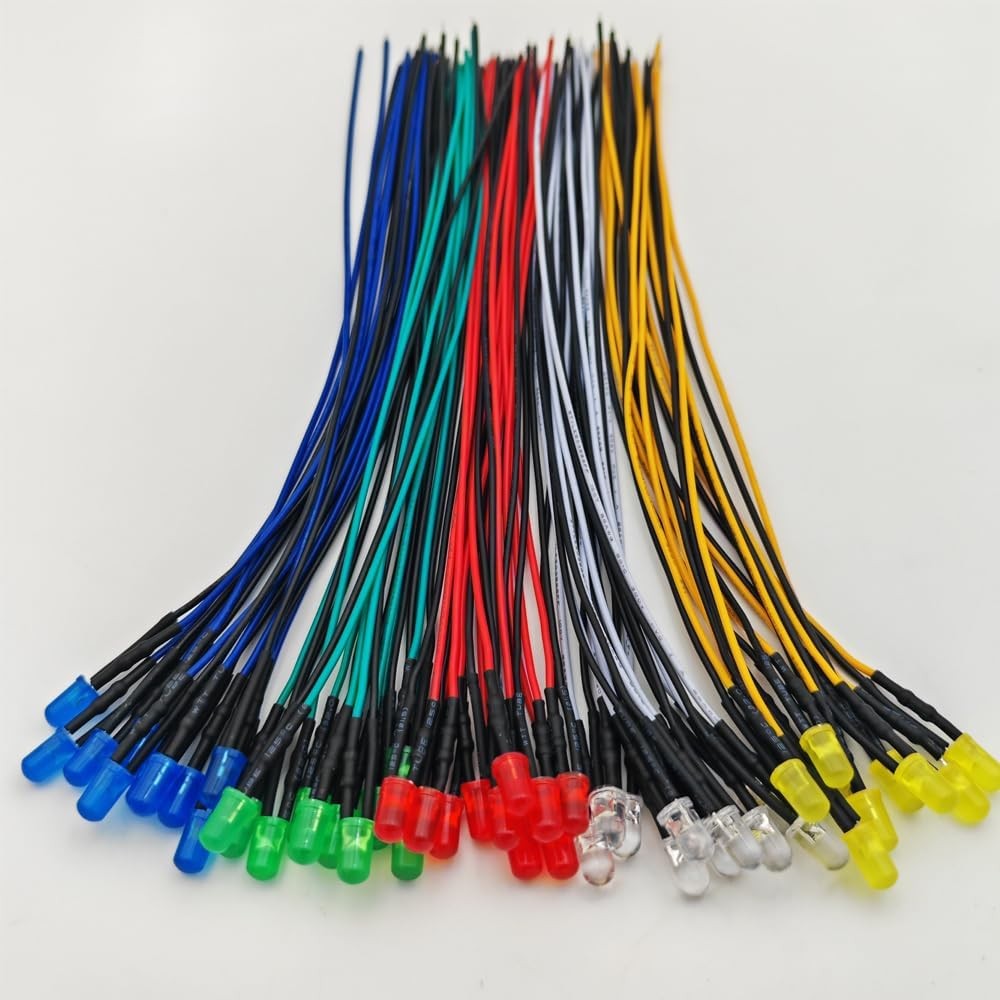 5mm LED Lights 50Pcs 12VDC Prewired Diffused Lens Assorted Colors 7.8 Inch