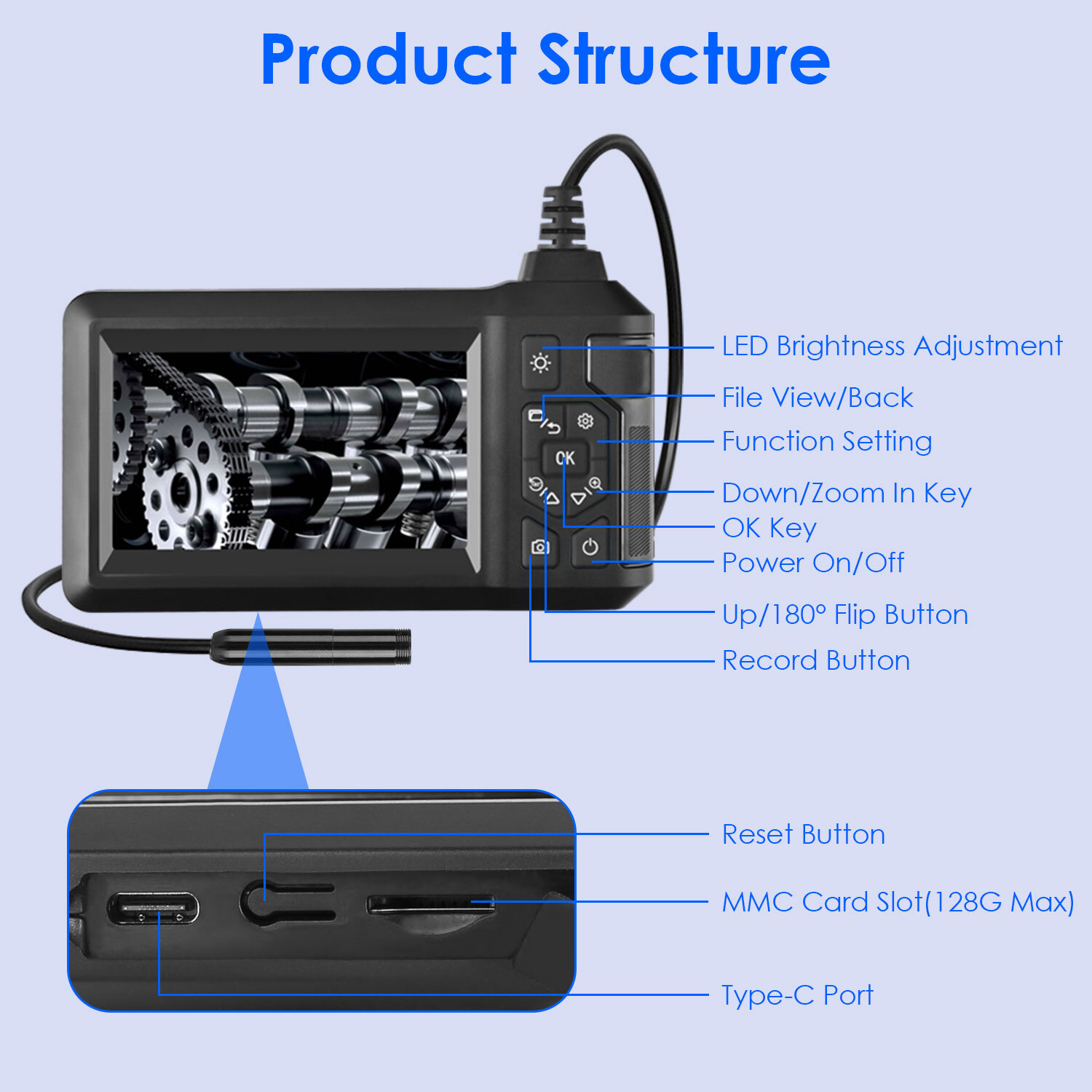 1080P Endoscope Camera with 8 LED Light 8mm Borescope Inspection Camera 16.4FT