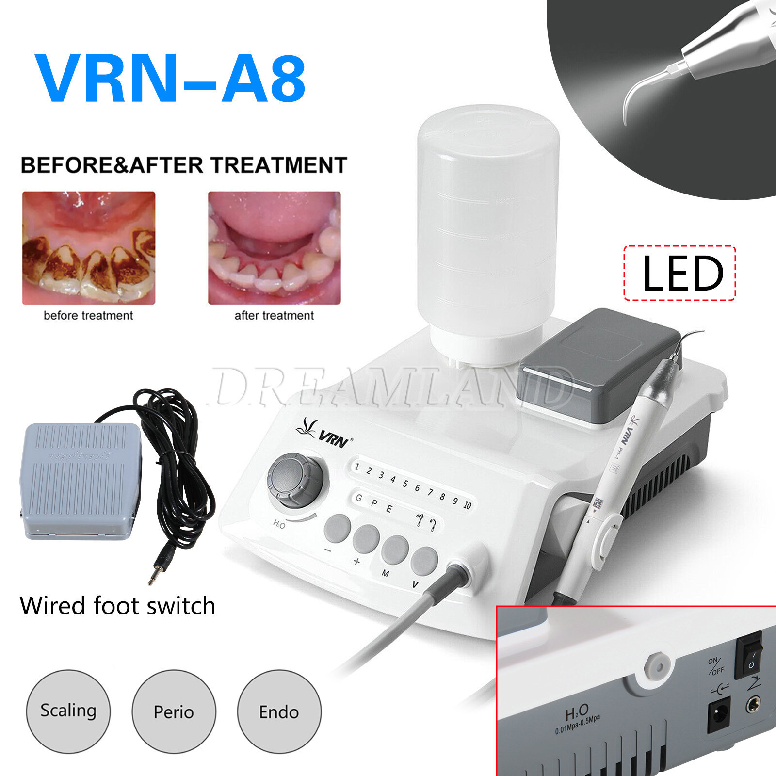 Dental Ultrasonic Scaler Auto-water Supply VRN-A8/E1L / LED Detachable Handpiece