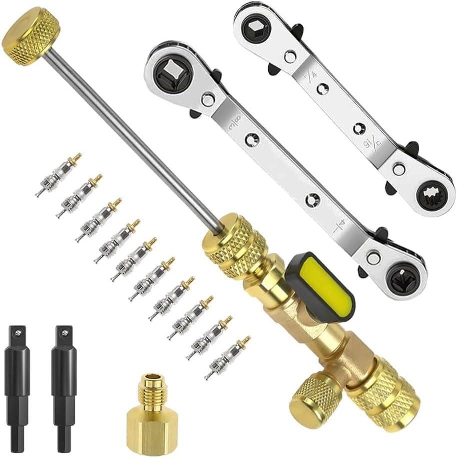 Effortless Valve Core Replacement Tool & 10pc HVAC Wrench Set, Dual SAE Ports