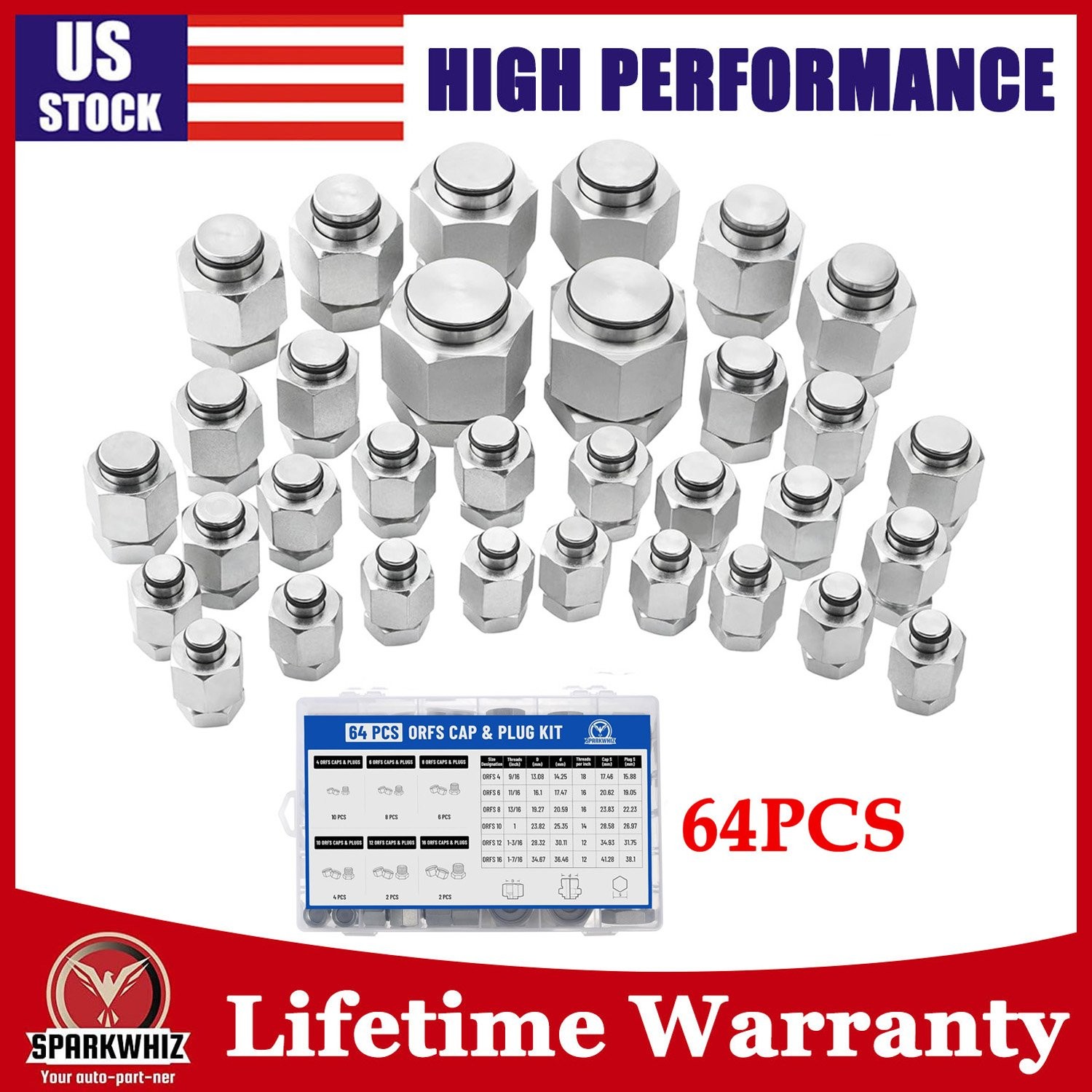 New 64 Piece ORFS Cap and Plug Kit Dash Size 4 6 8 10 12 16 Easy Installation