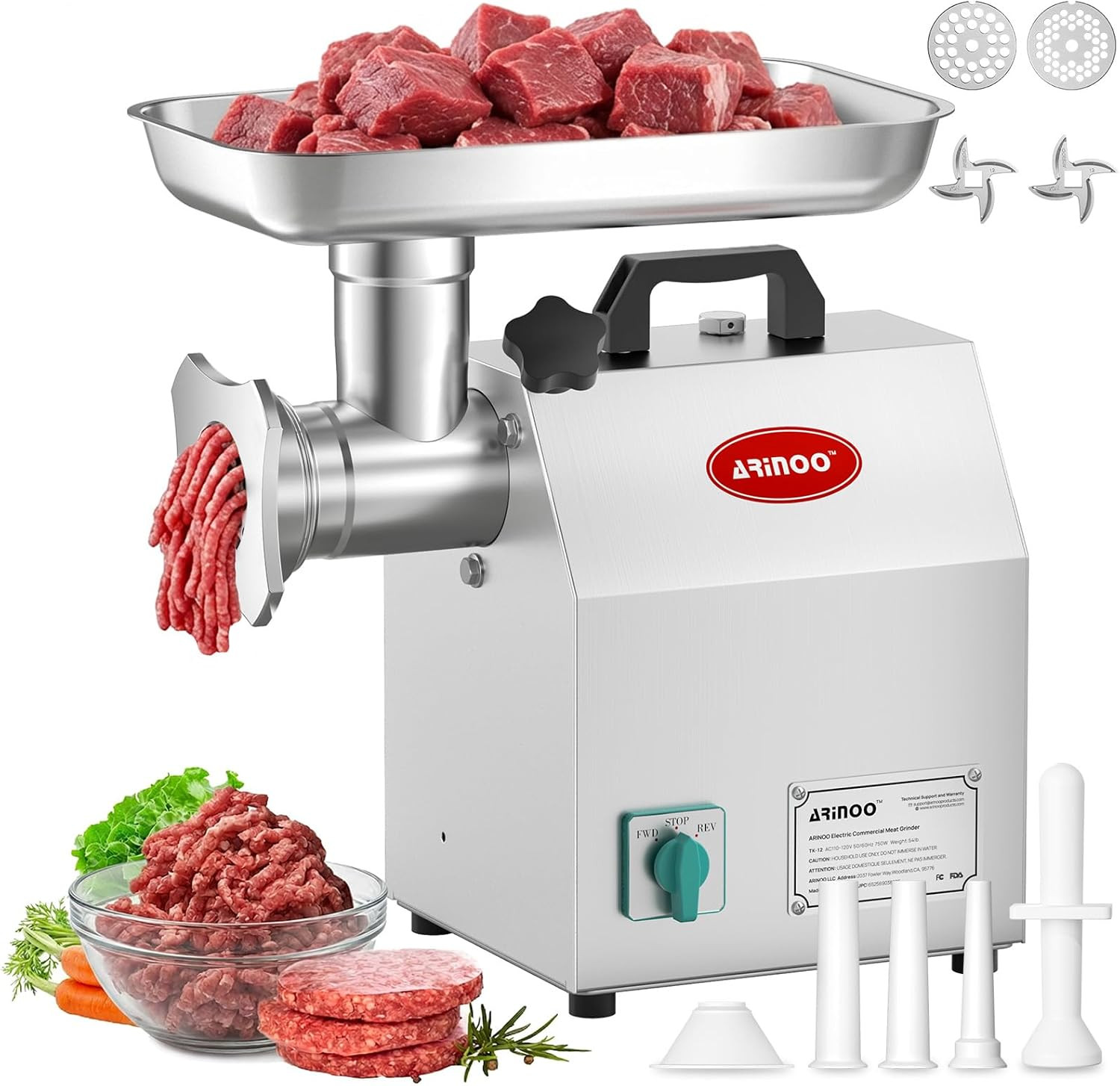 Commercial Electric Meat Grinder #12, 1.0HP Heavy Duty Stainless Steel Meat Minc