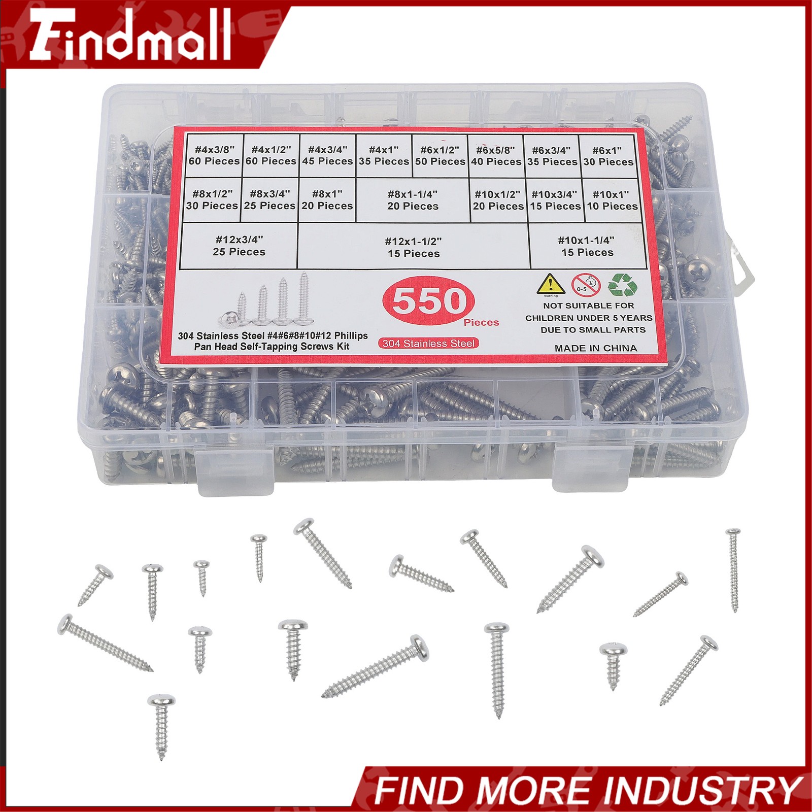 550Pcs 304 Stainless Steel Wood Screws Assortment Kit Phillips #4#6#8#10#12